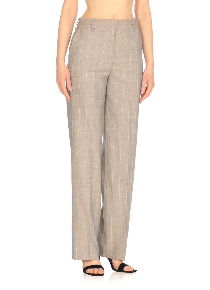Beige Wool Palazzo Pants With Contrasting Striped Pattern