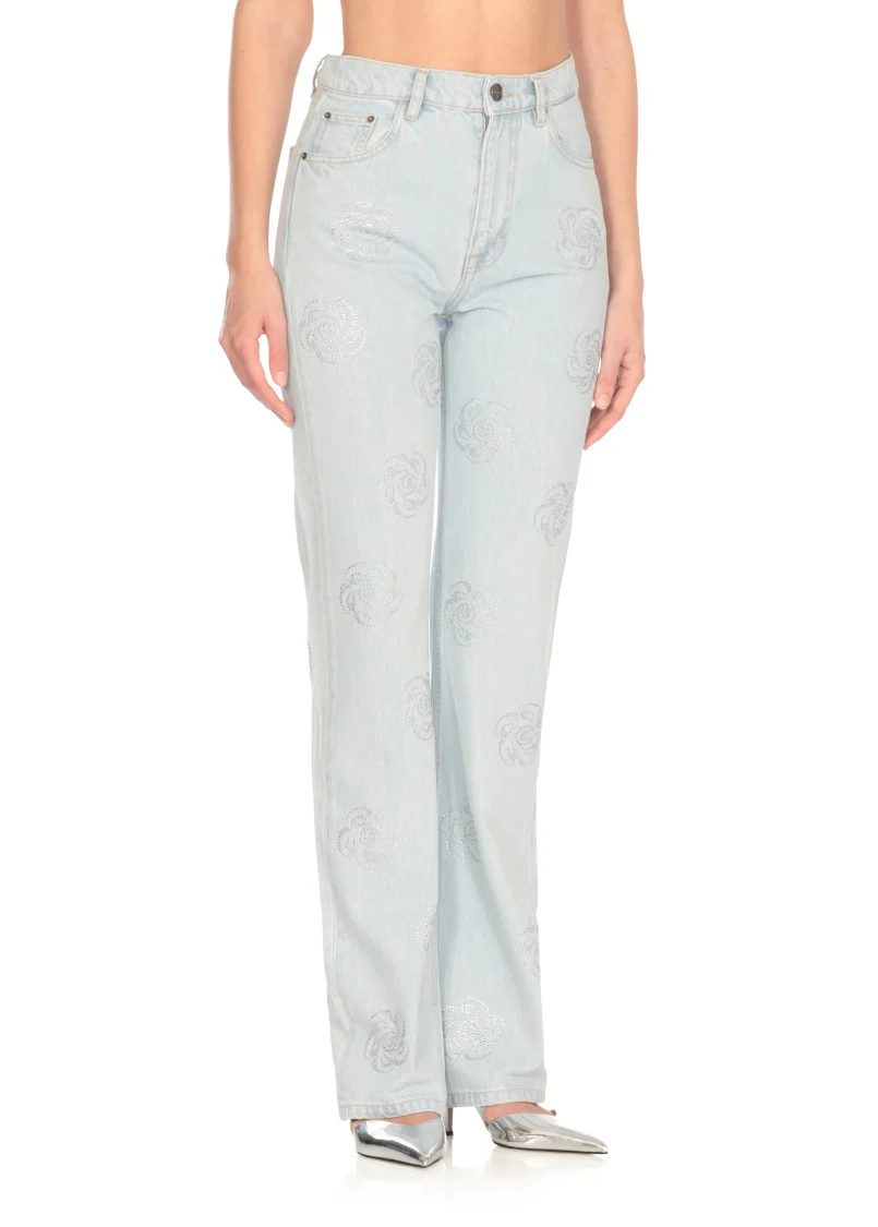 Light Blue Cotton Jeans With Strass Details