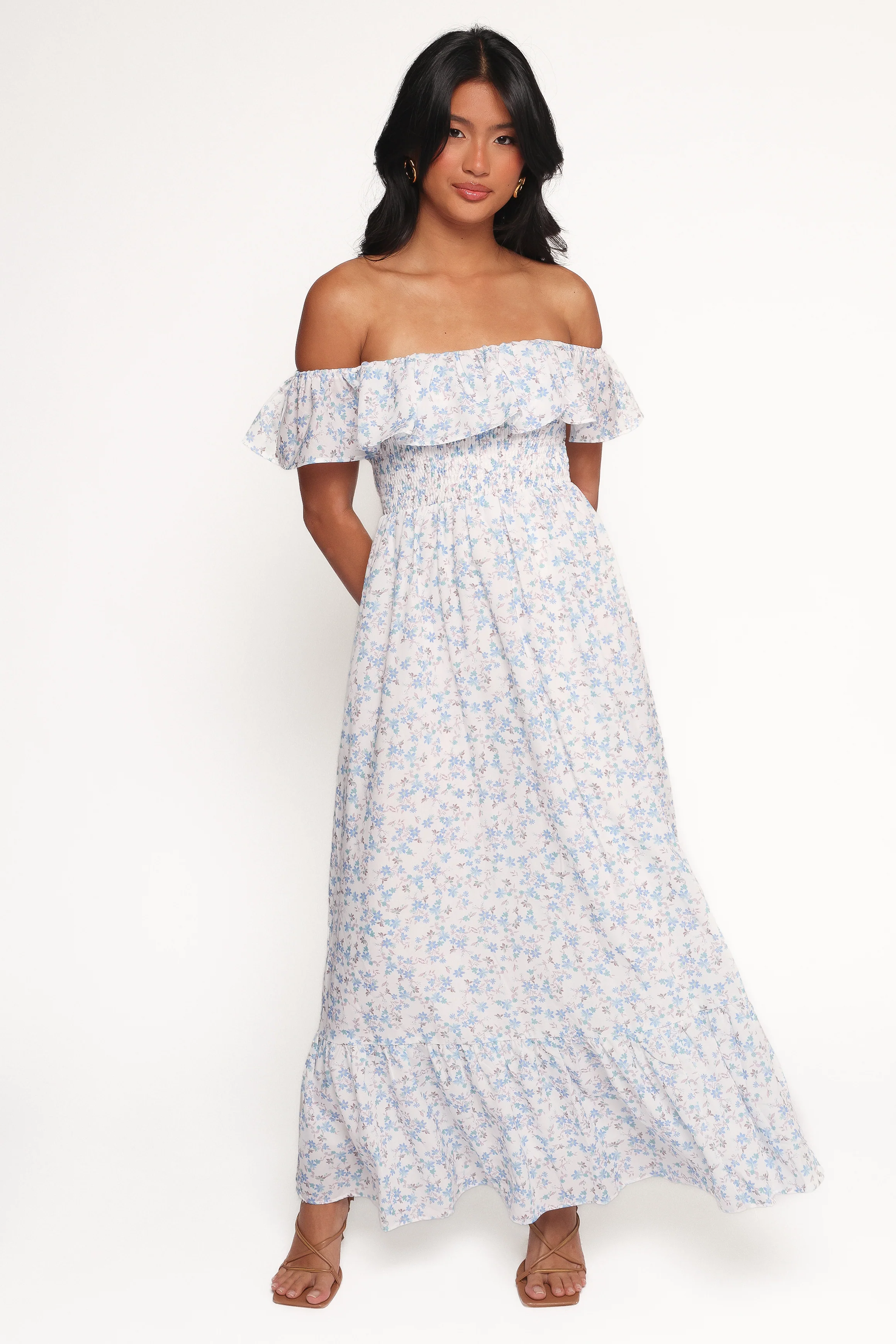 Priscilla Strapless Midi Dress - Blue Floral