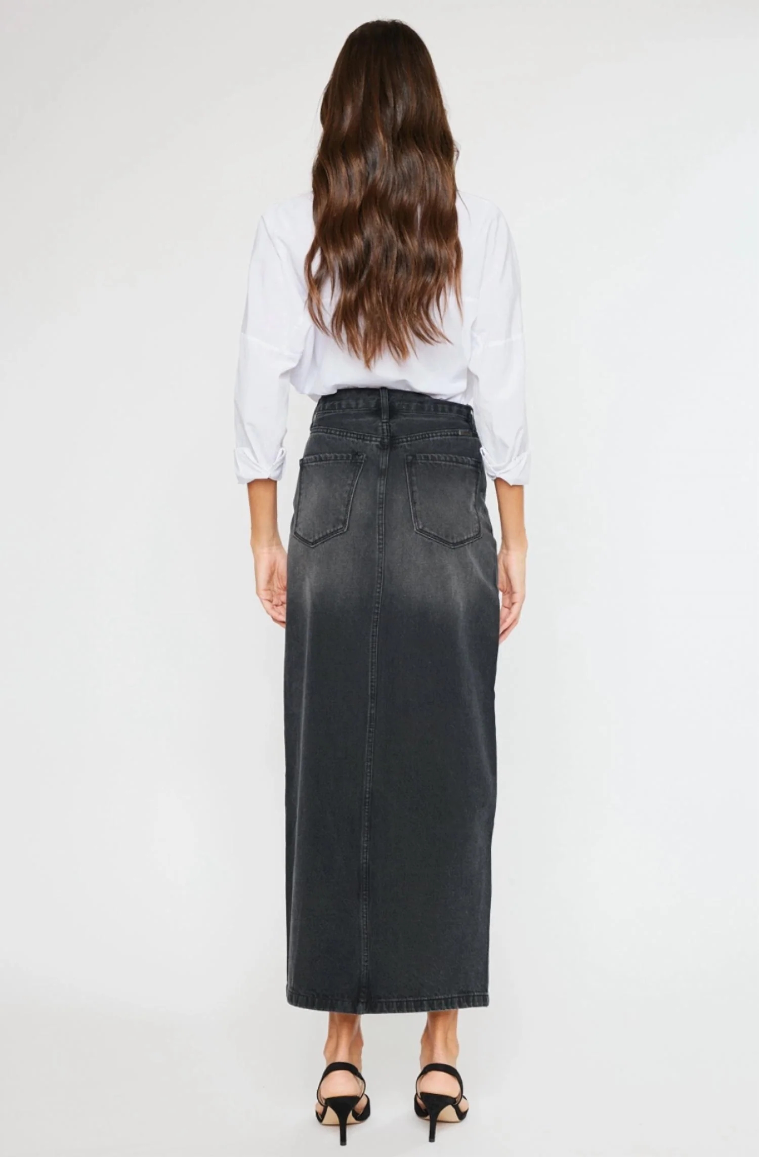 Longline Black Washed Denim Skirt