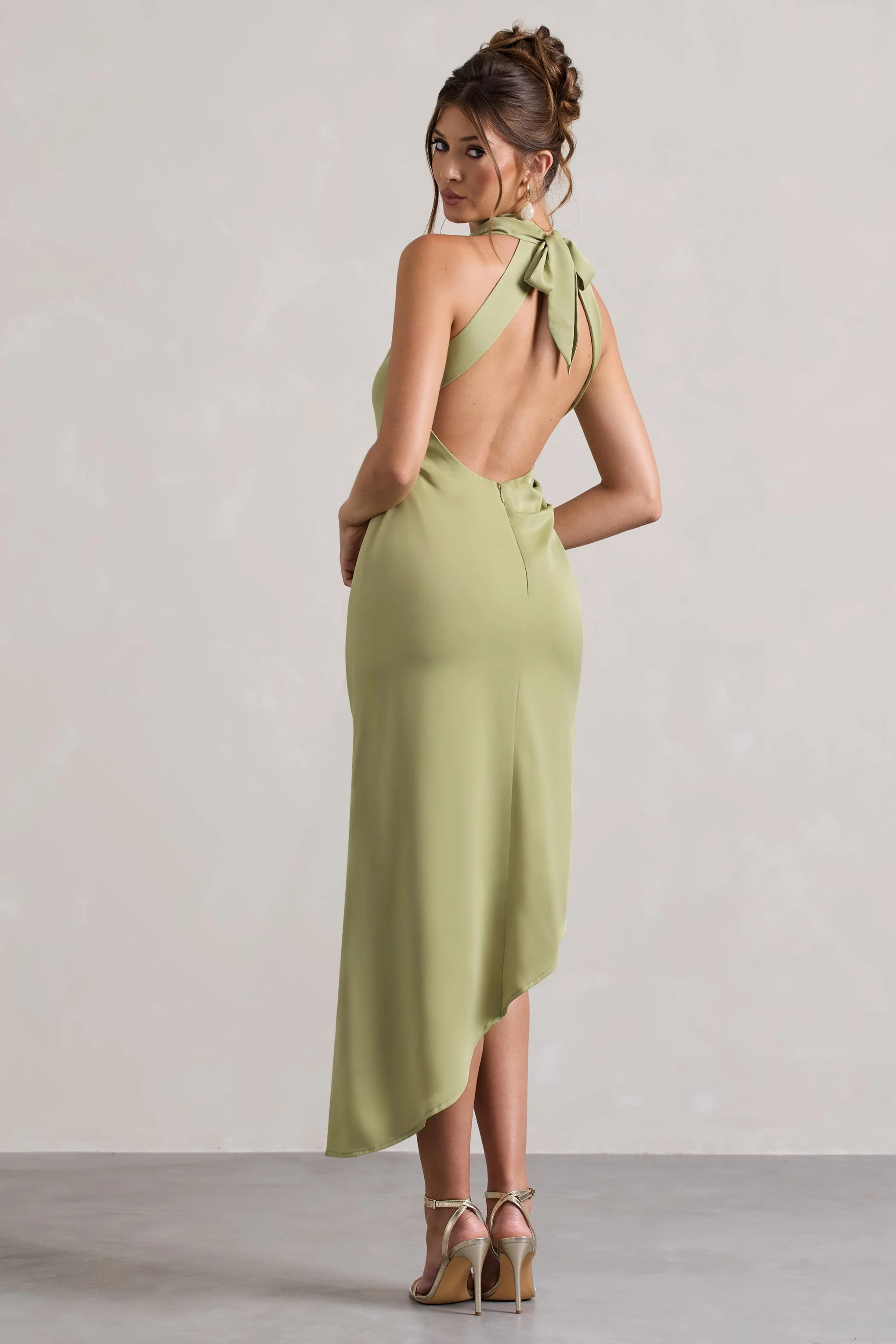 Sophina | Light Olive Satin Cowl-Neck Asymmetric Midi Dress