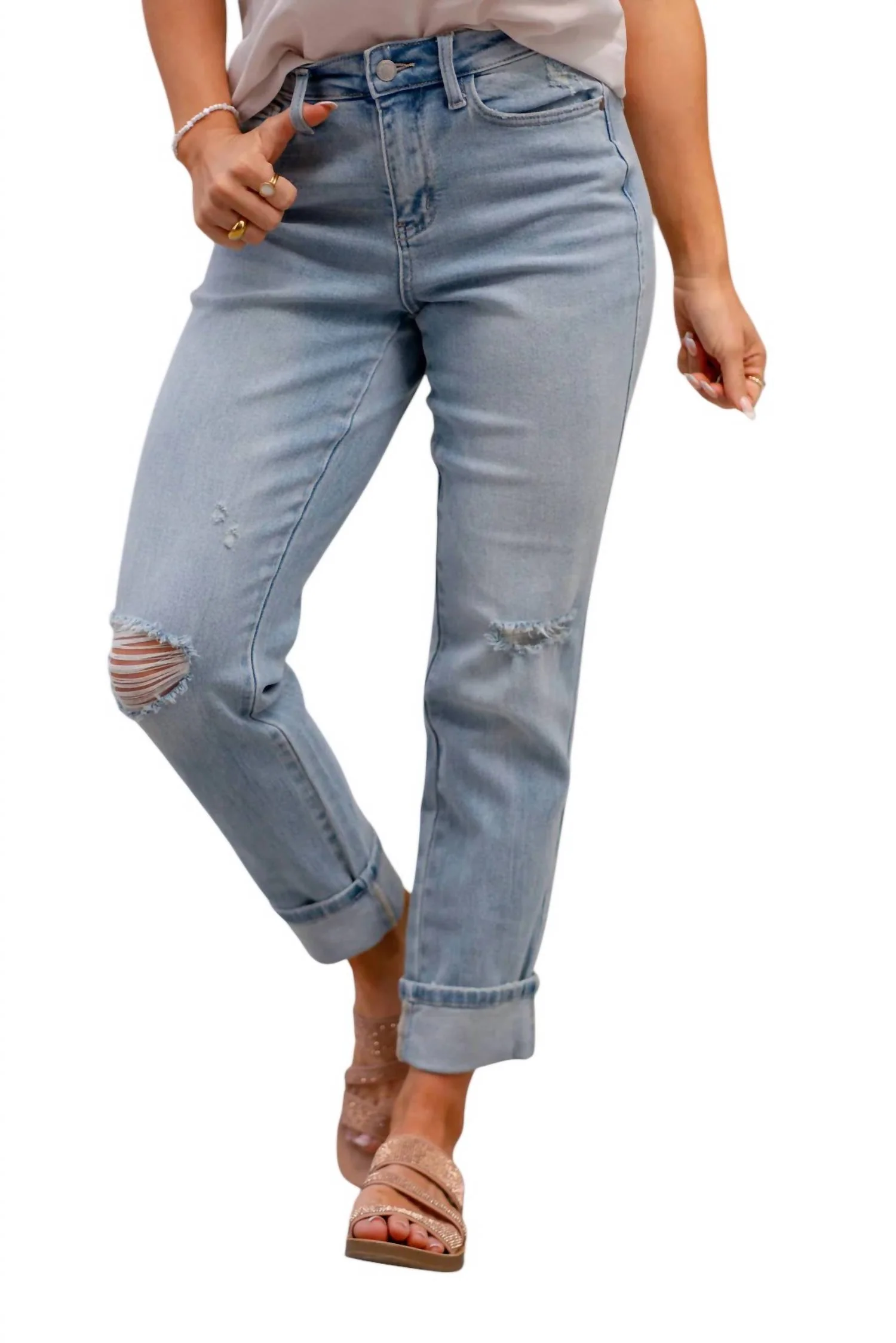 American Stars Mid-Rise Cuffed Boyfriend Jeans In Medium Blue Wash