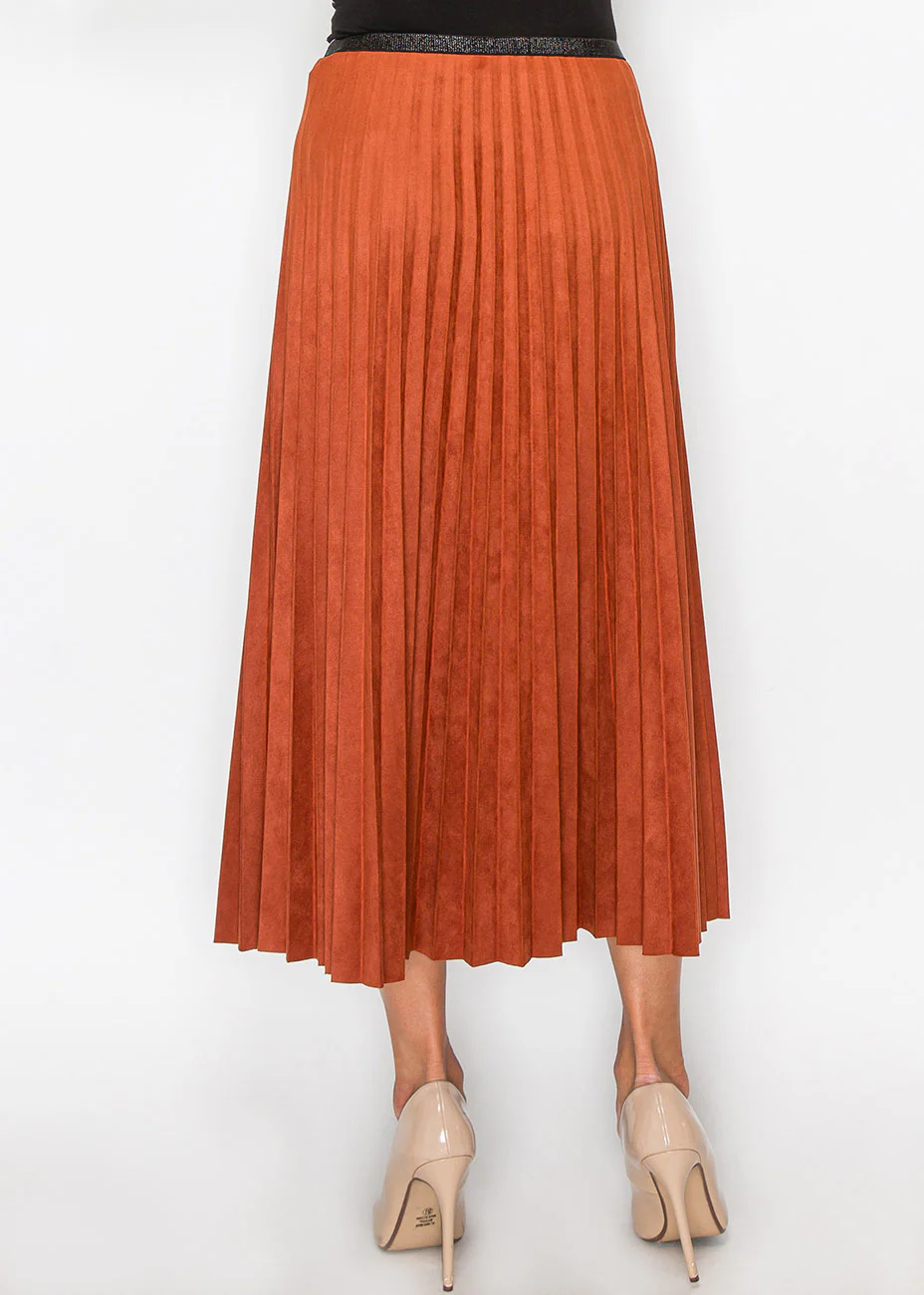 Rust Suede Midi Skirt with Pleats