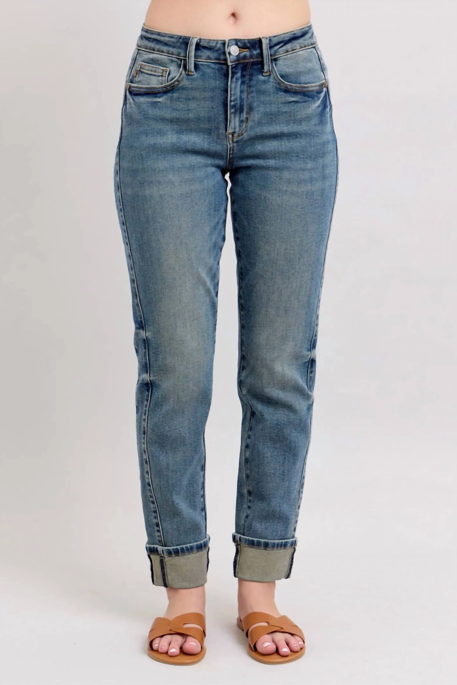 Women's Vintage Wash Double Cuff Jean In Blue