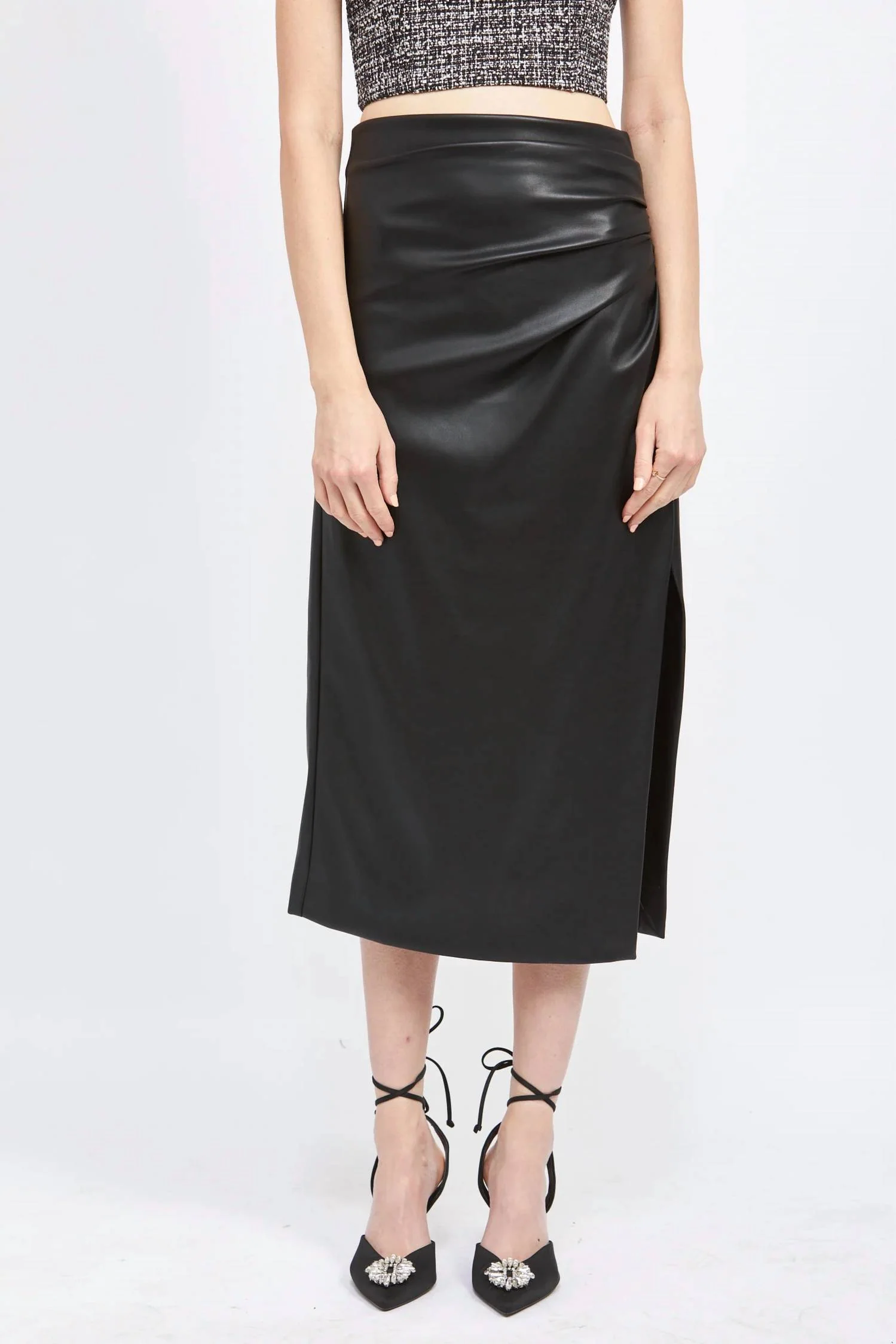 Vegan Leather Midi Skirt In Black