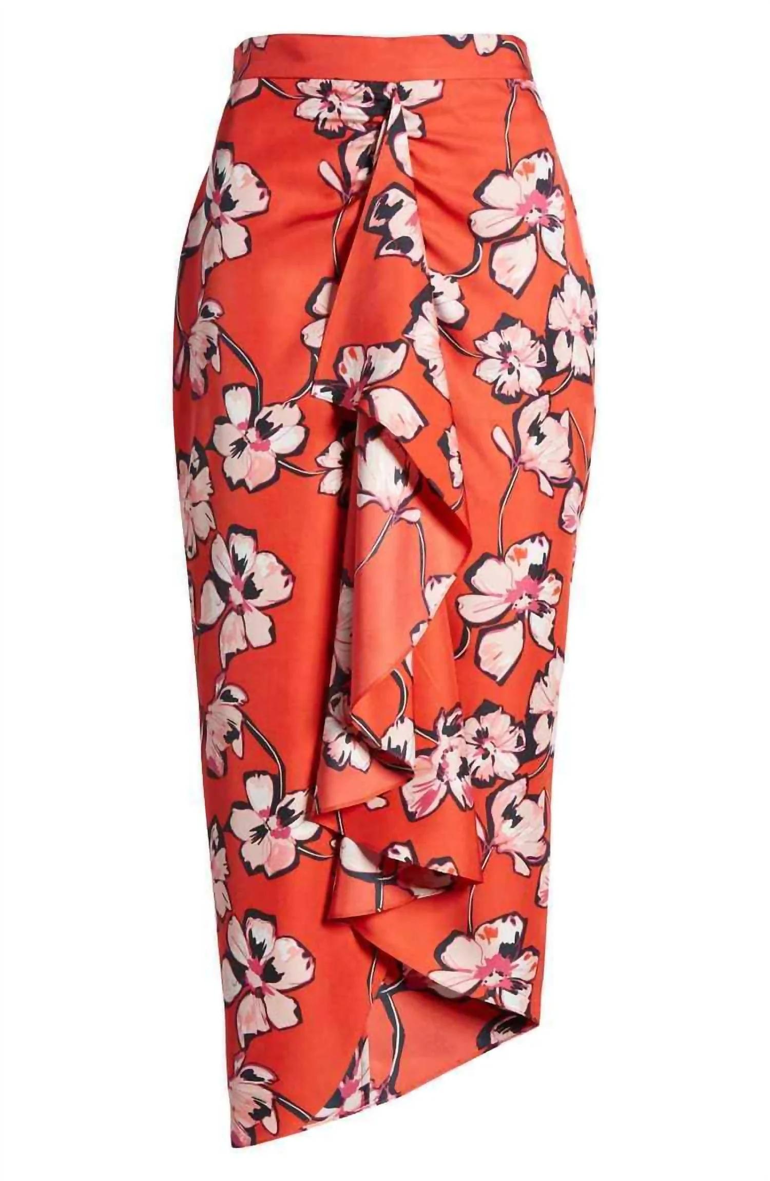 Silk Floral Print Ruffle Front Hawaiian Skirt In Red