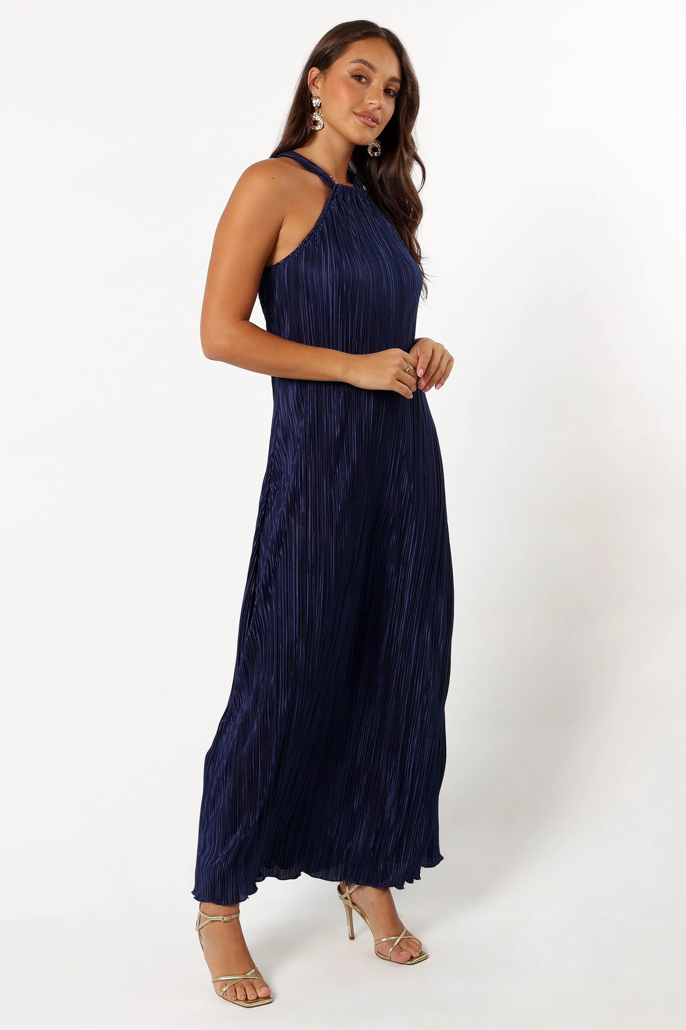 Melody Plisse Halter Maxi Dress - Navy