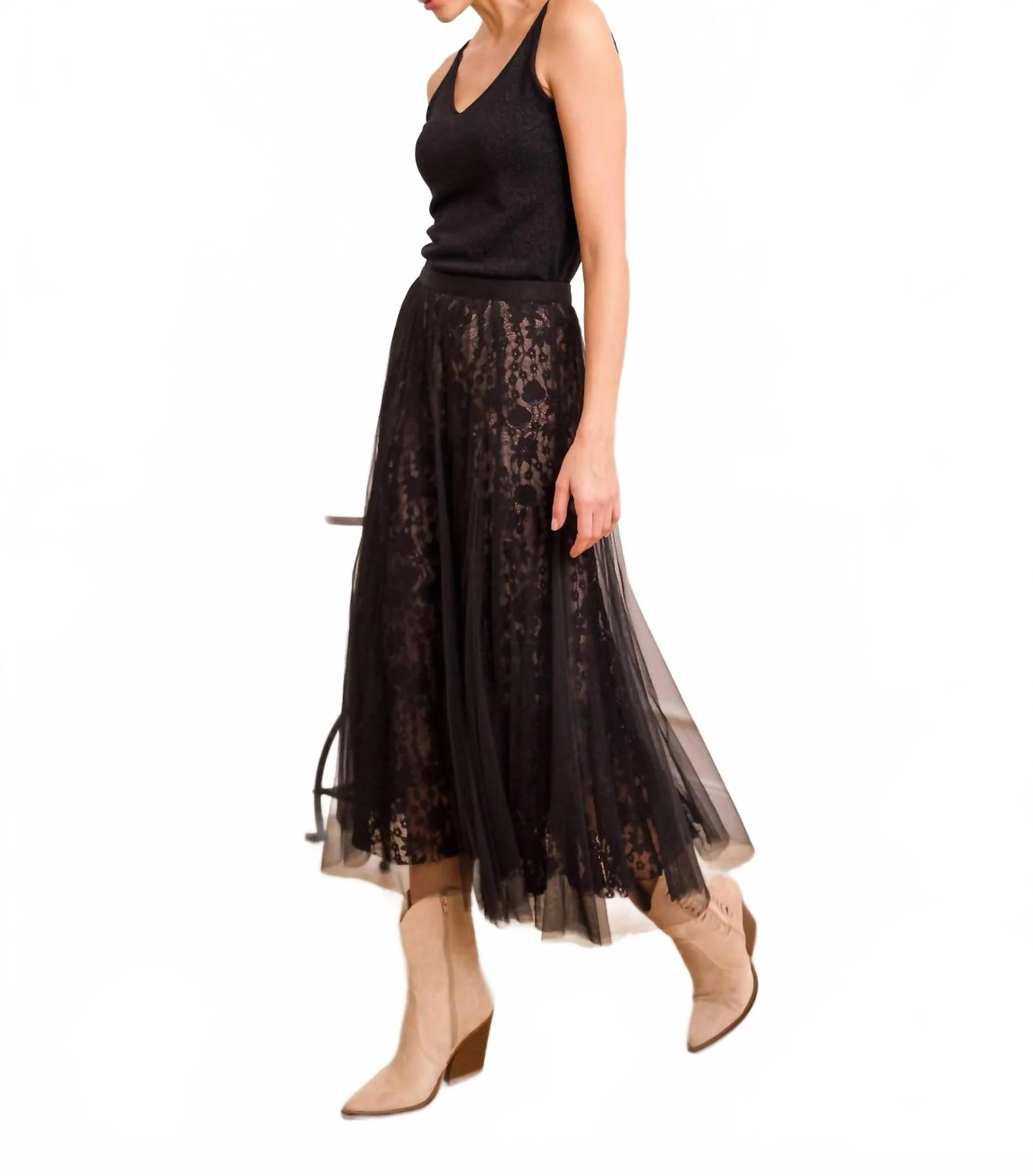 Lace & Tulle Skirt In Black Nude