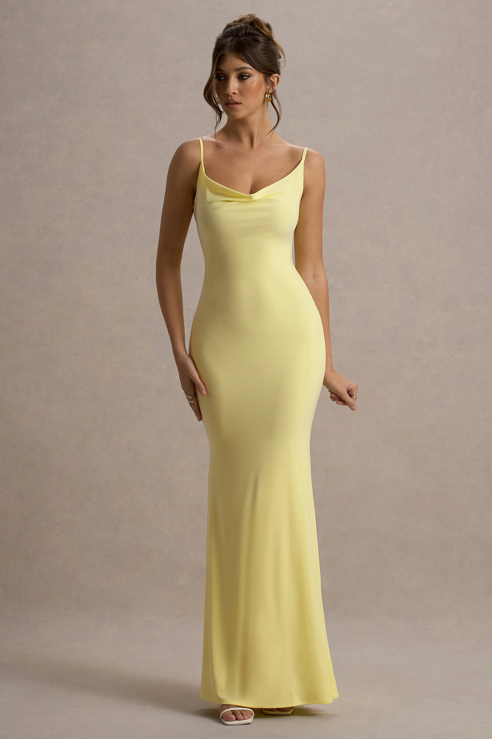 Francoise | Lemon Cowl Neck Backless Maxi Dress With Lace Insert