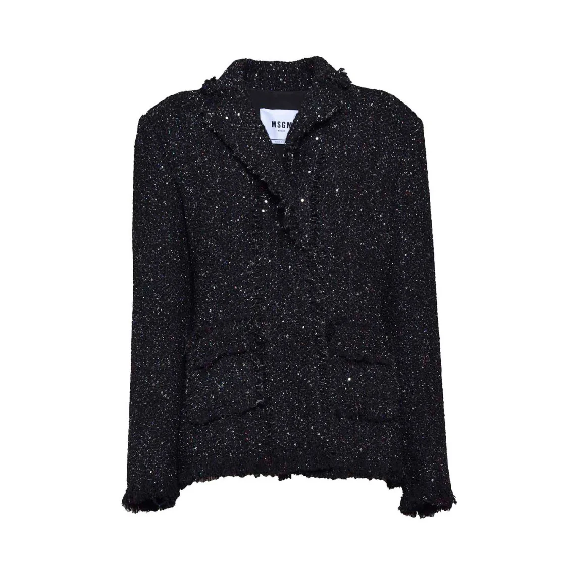Single Breasted Jacket In Black Lurex Tweed And Frayed Edges
