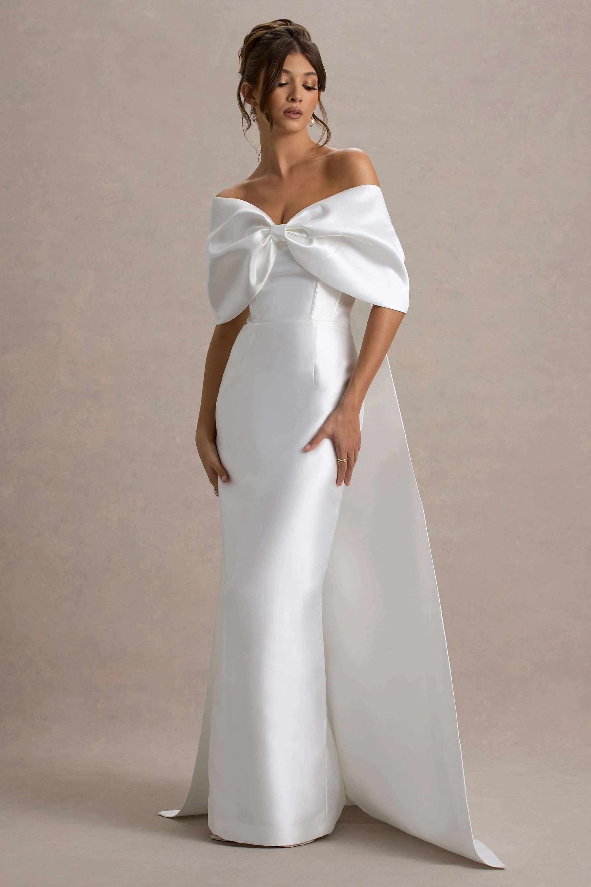 Wanting More | Off White Satin Cape Maxi Dress With Oversized Bow