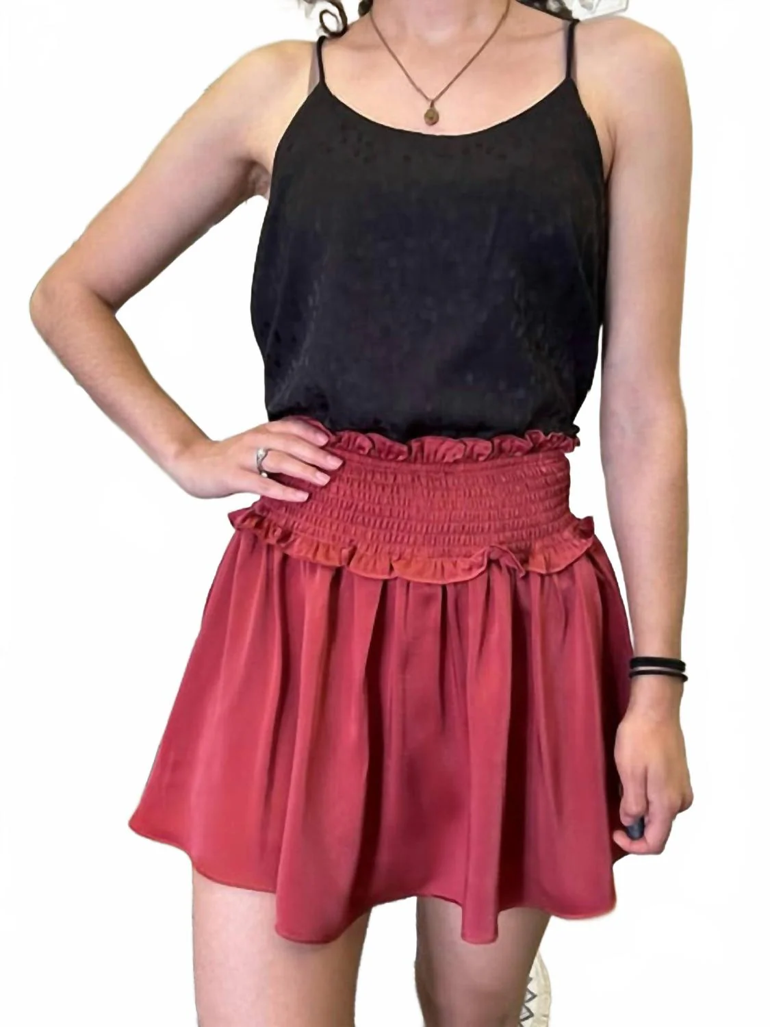 Woven Satin With Smocked Waistband And Shorts Lining Mini Skirt In Brick