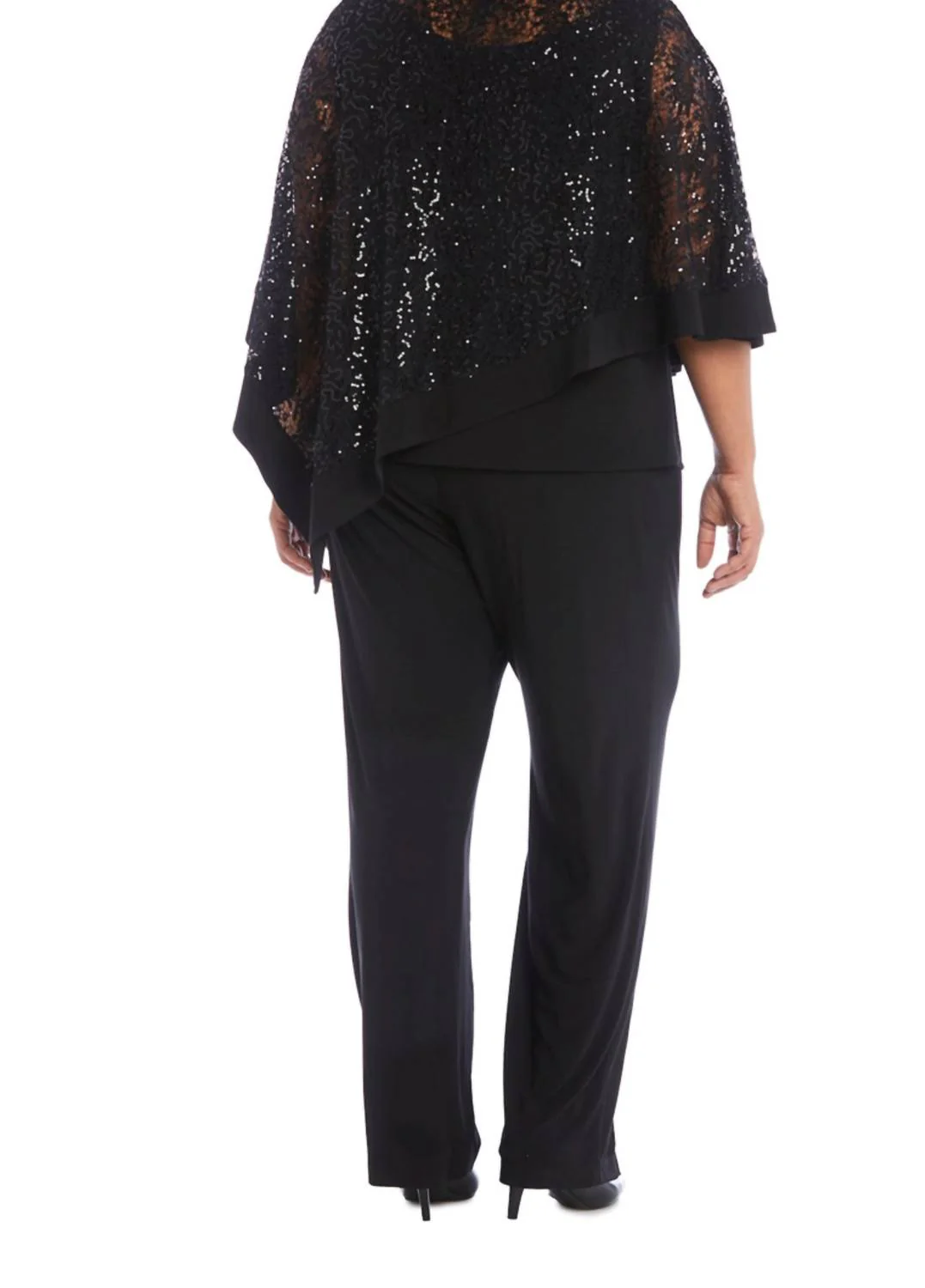 Sequined Lace Poncho 2-Piece Pants Set In Black