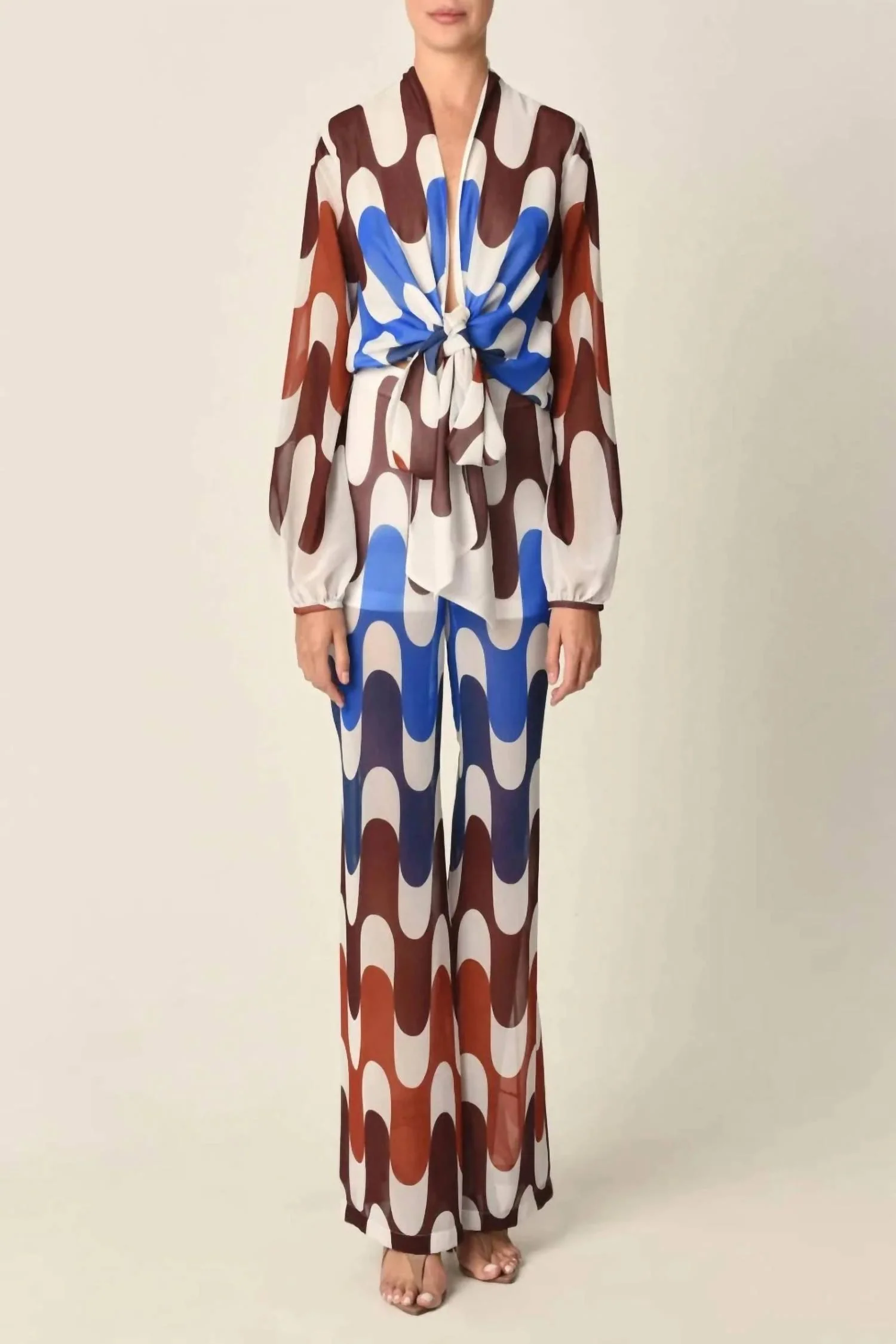 Women's Benedetto Front Zip Pants In Blue-Burgundy Wavy Zigzag