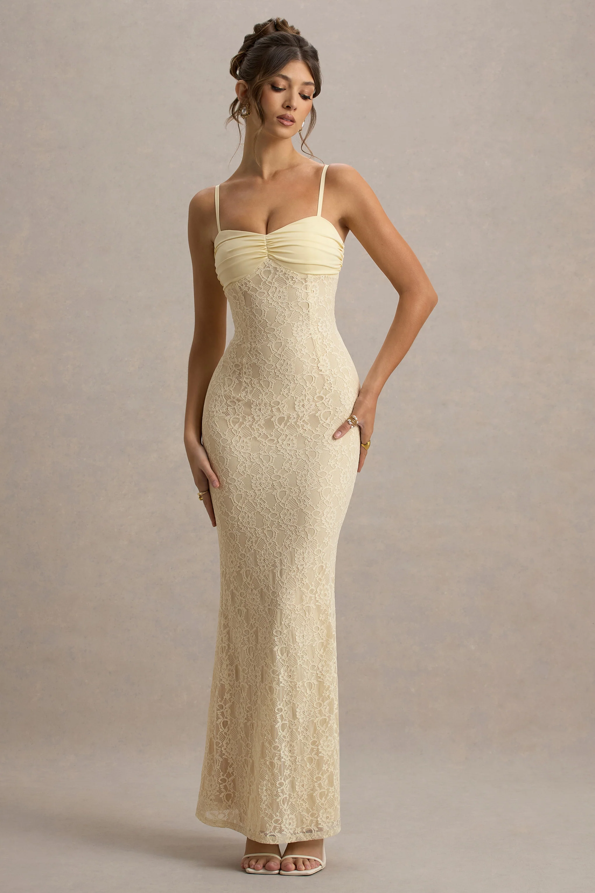 Felicia | Pale Lemon Satin Sweetheart Maxi Dress With Lace Details