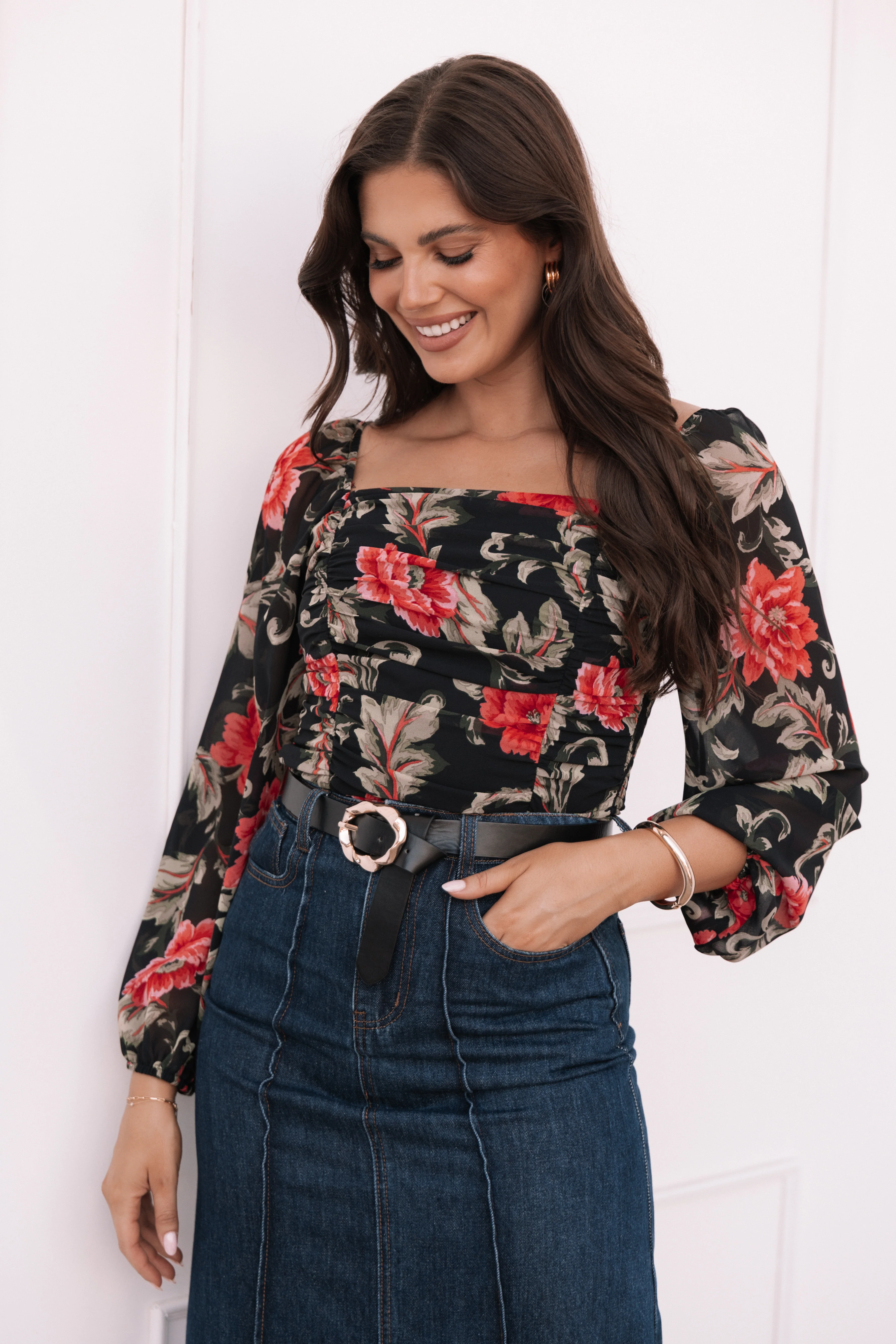 Maia Long Sleeve Top - Black Floral