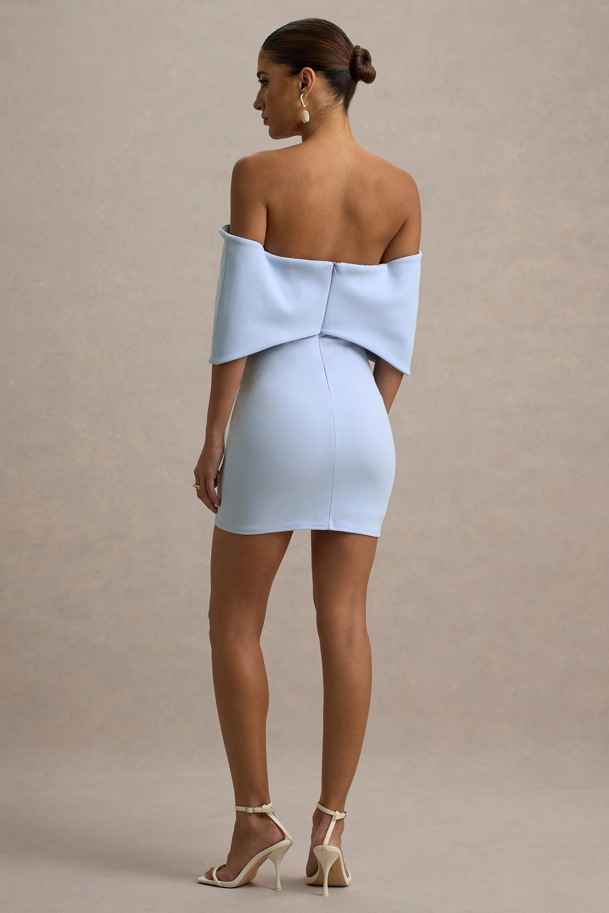 Sadie | Powder Blue Bow Bardot Mini Dress