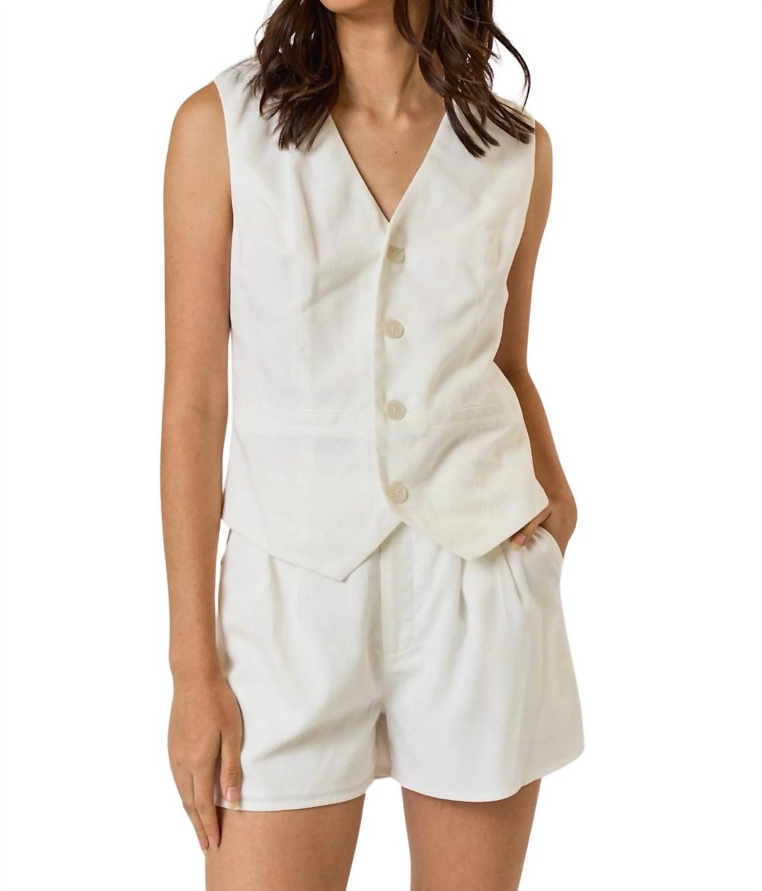 Linen Button Vest With Matching Short Set In White