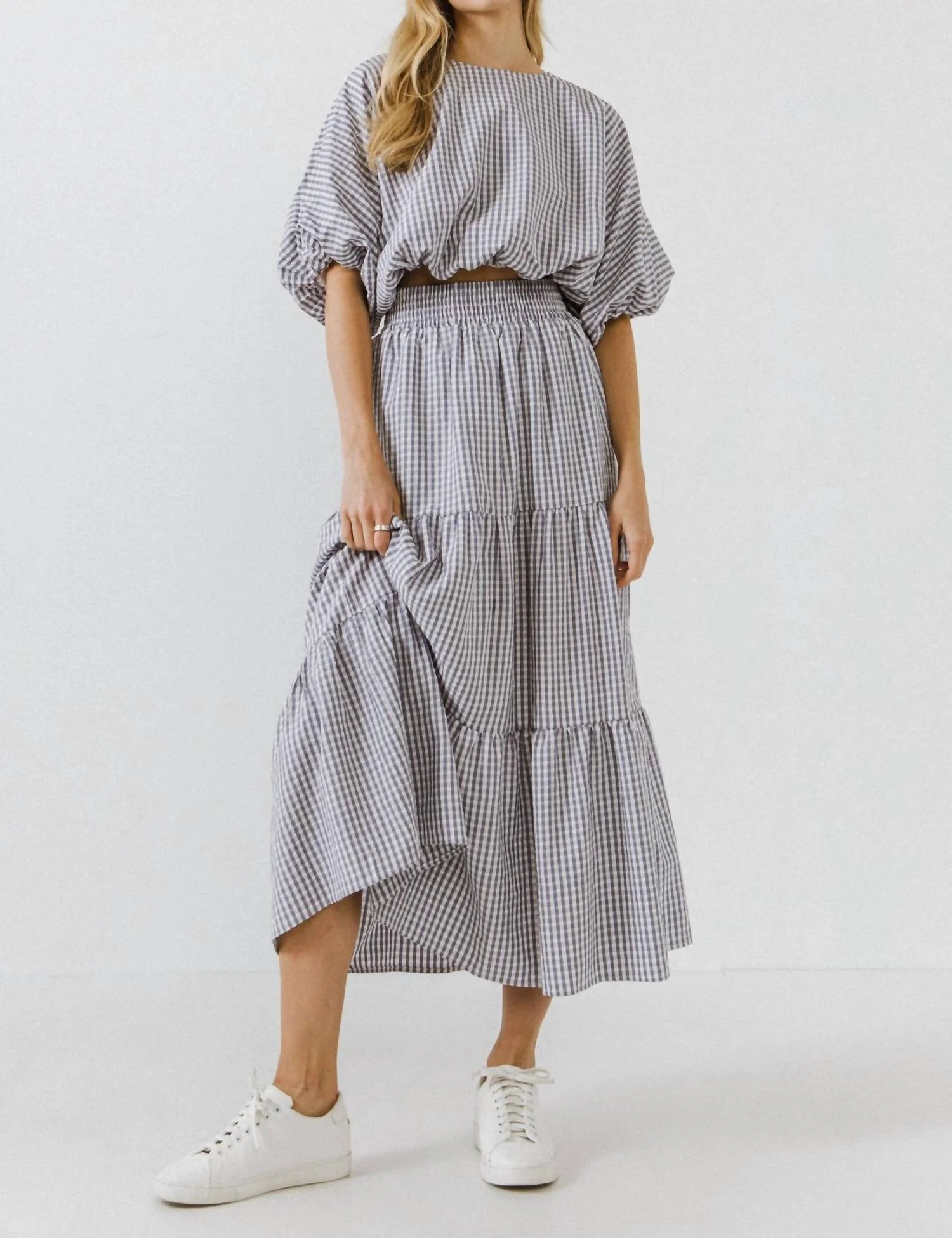 Voluminous Cropped Top Tiered Maxi Skirt In Dusty Blue