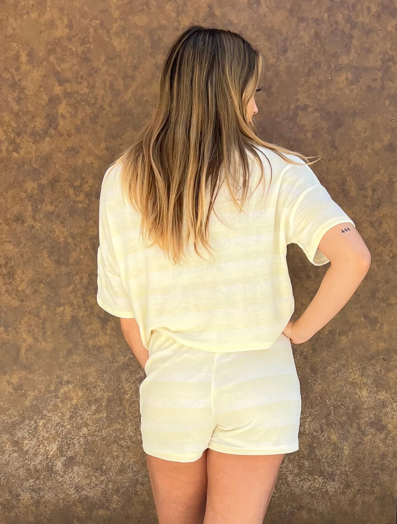 Striped Tee And Shorts Lounge Set In Butter