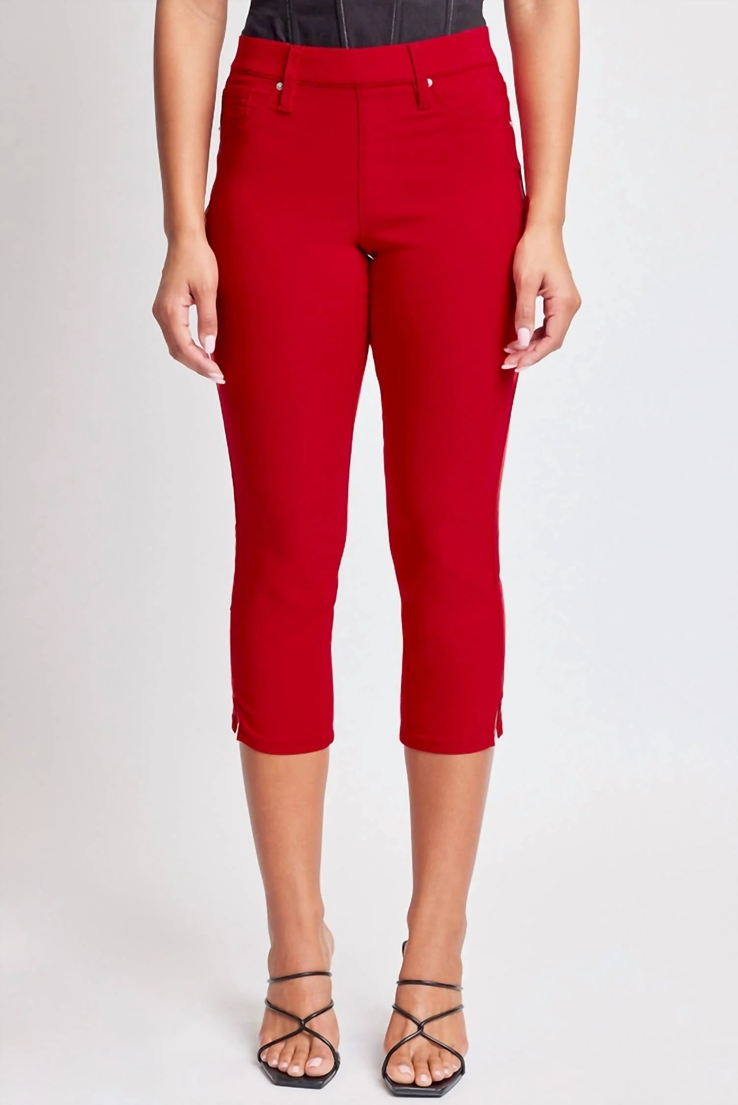Hyperstretch Pull On Capri With Side Slit In Red