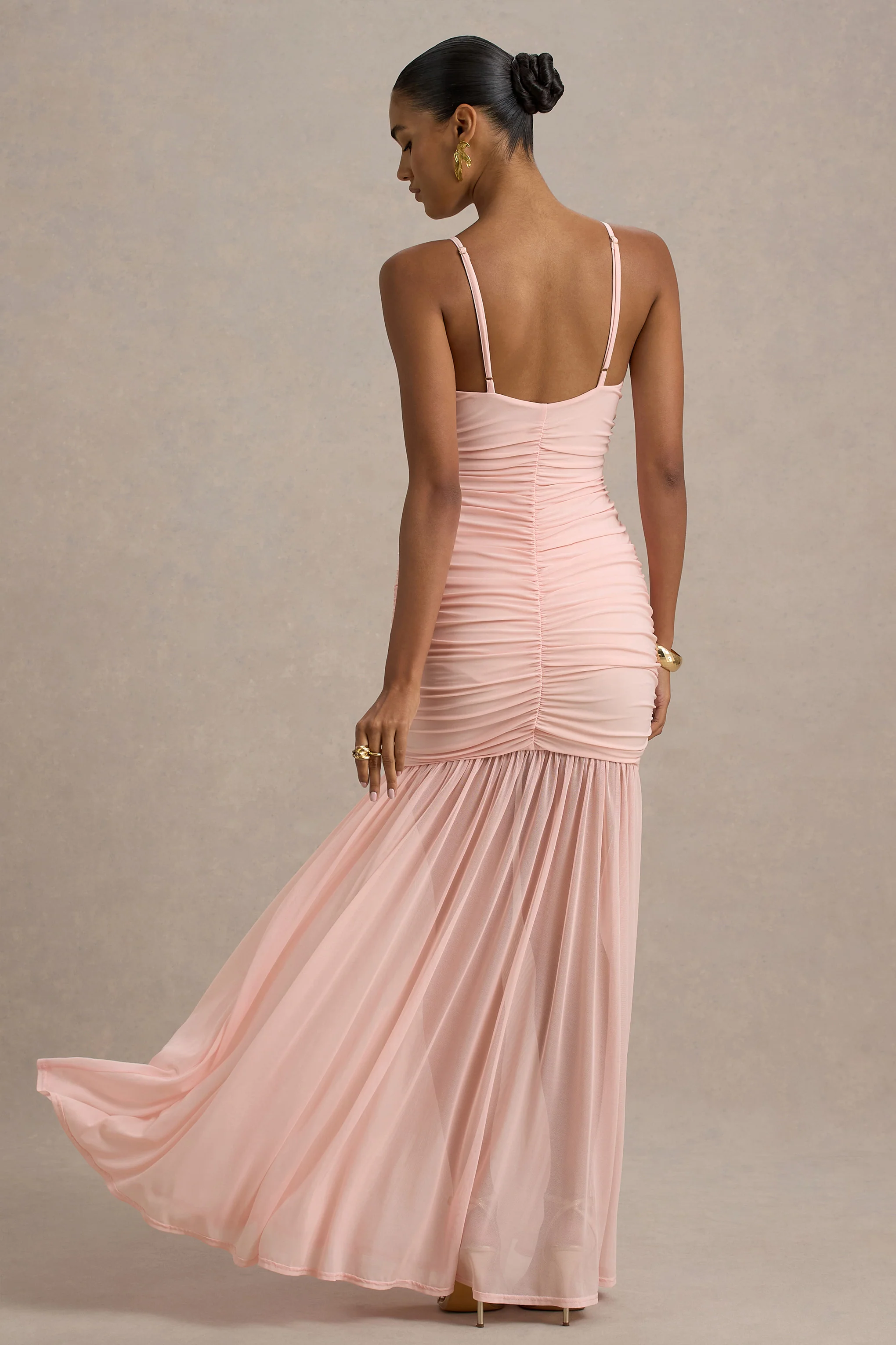 Pasqualina | Pink Ruched Plunge-Neck Maxi Dress
