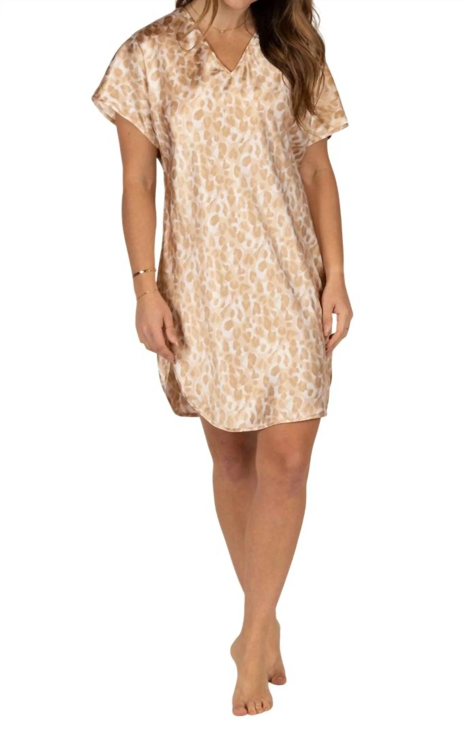Simply Charming Satin Sleepshirt In Latte Leopard