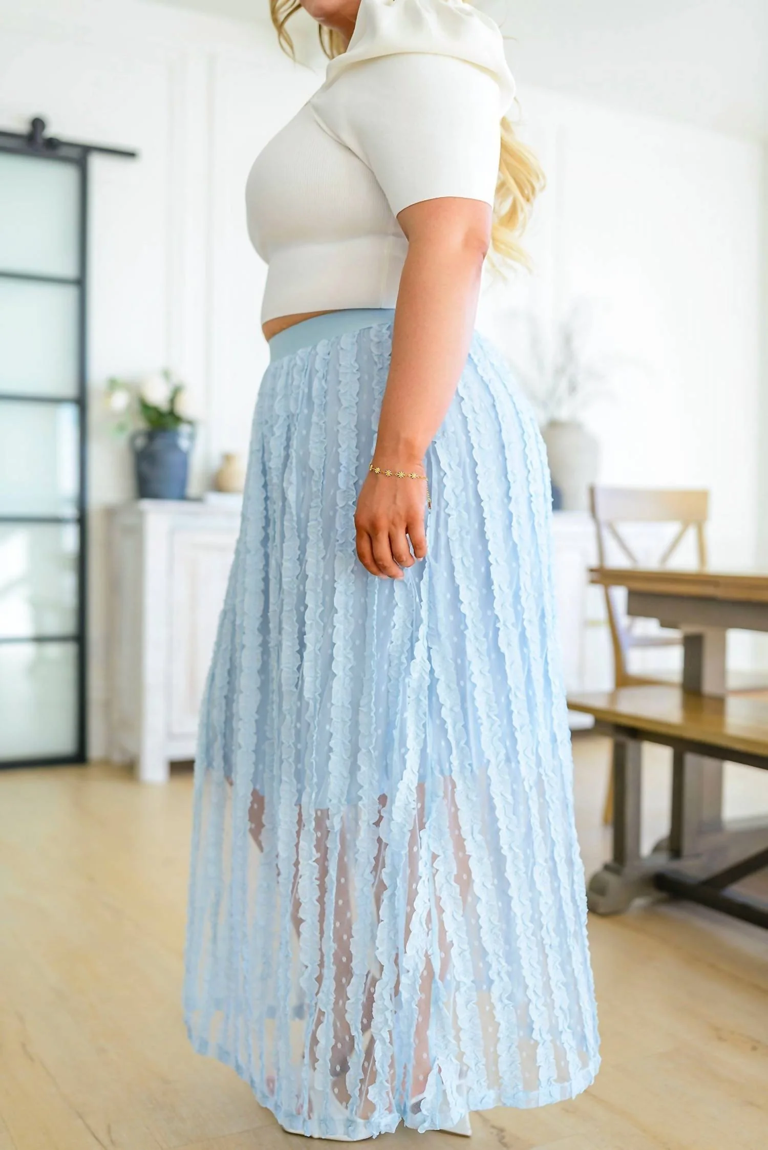 Cascading Ruffles A-Line Skirt In Sky Blue