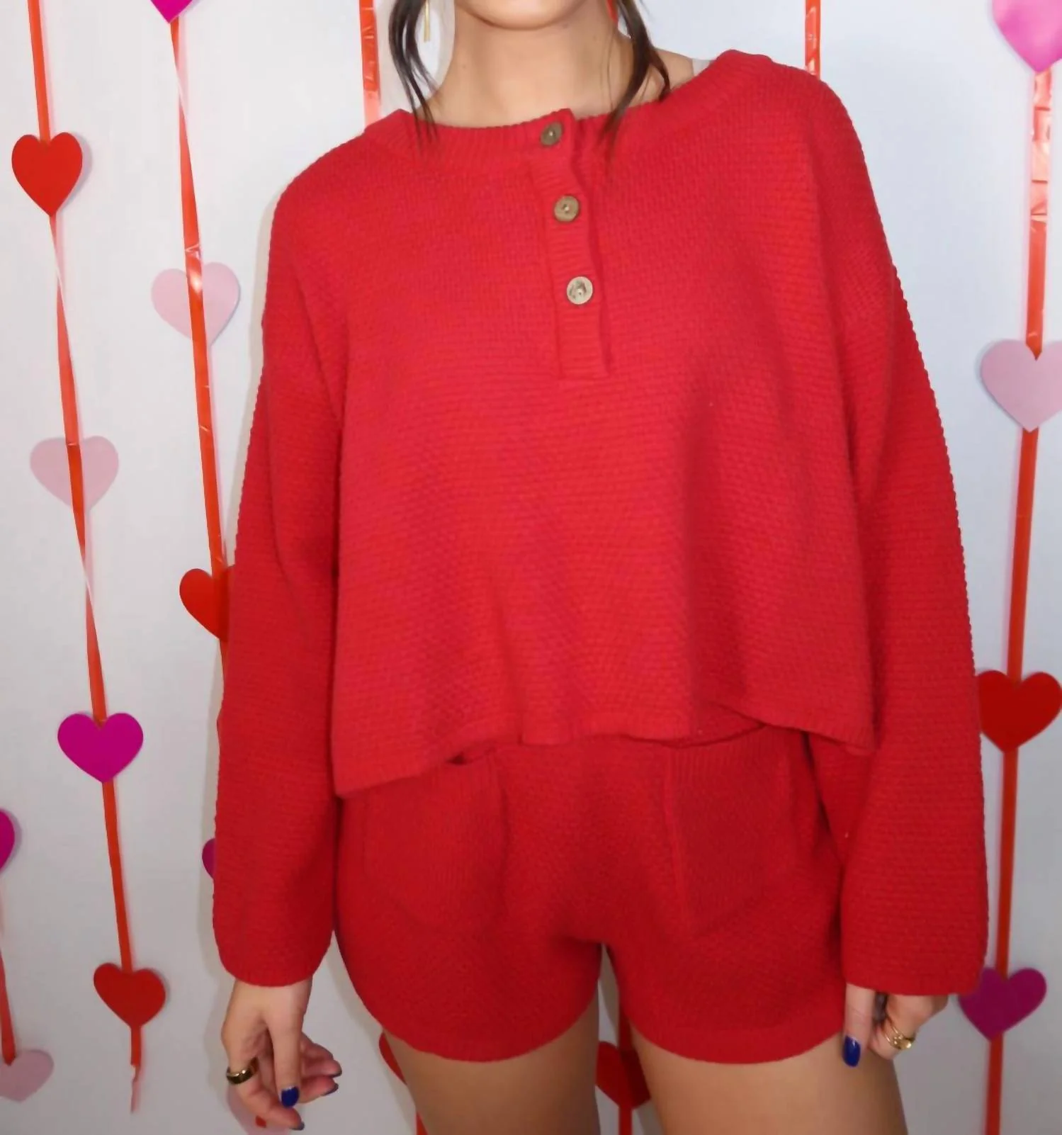 Knit Button Down Sweater Set In Red