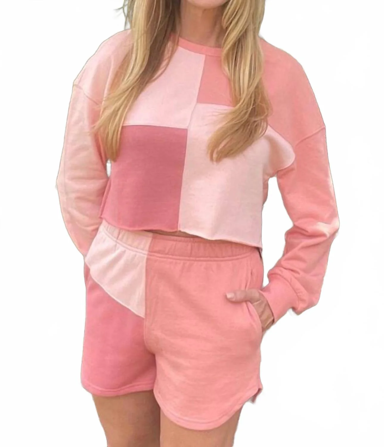 Colorblock Patchwork Long Sleeve Top And Shorts Set In Pink