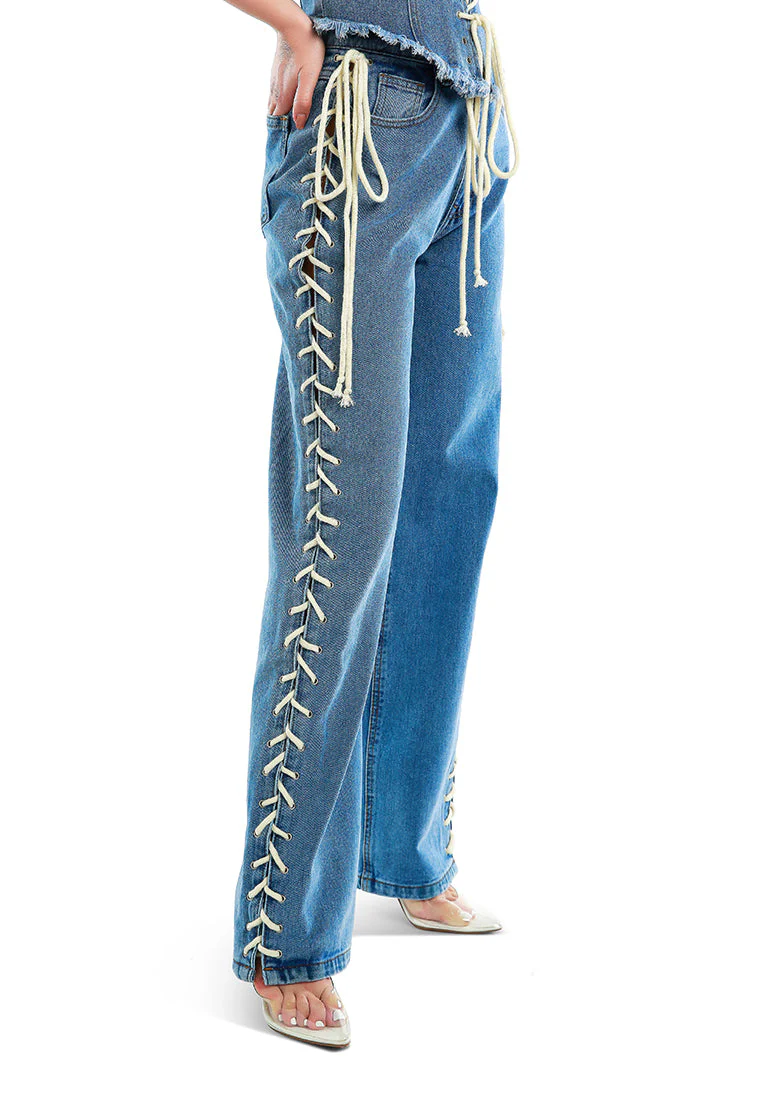 lace up denim trousers