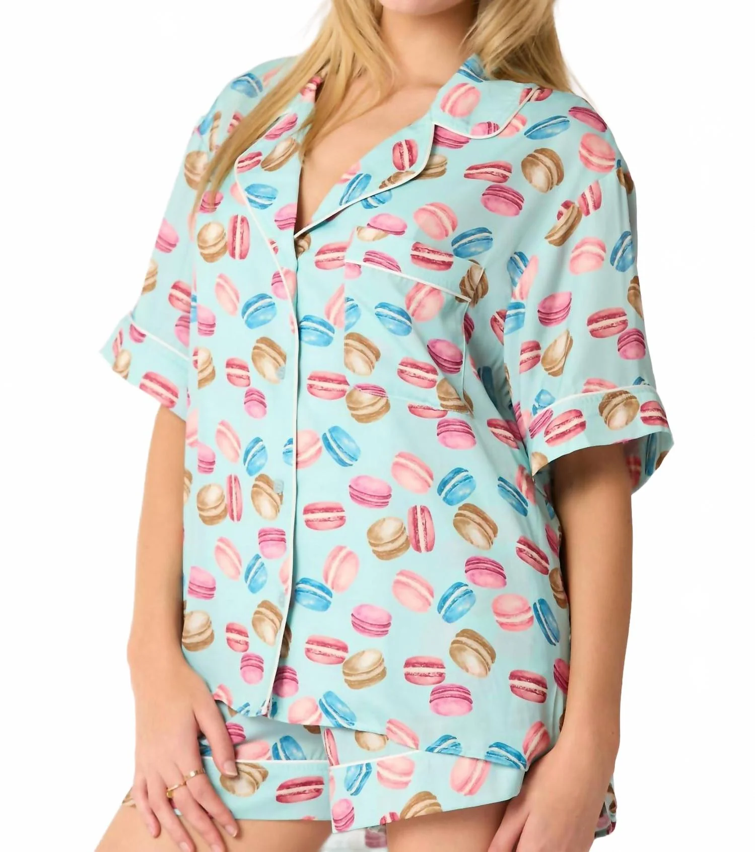Poly Satin Macarons Printed Pajama Shirt In Aqua