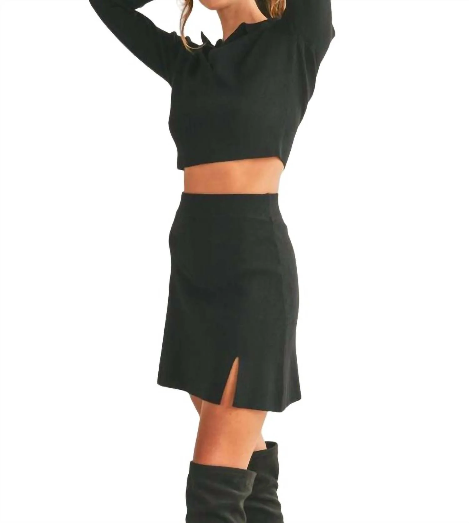 Collared V-Neck Knit Sweater & Mini Skirt Set In Black