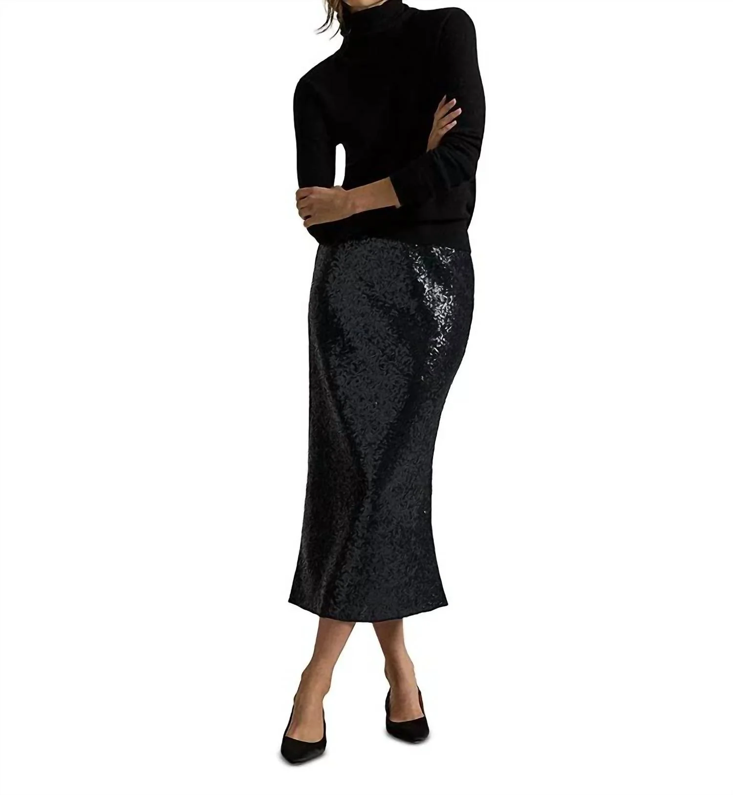 Sequin Midi Skirt In Deep Navy