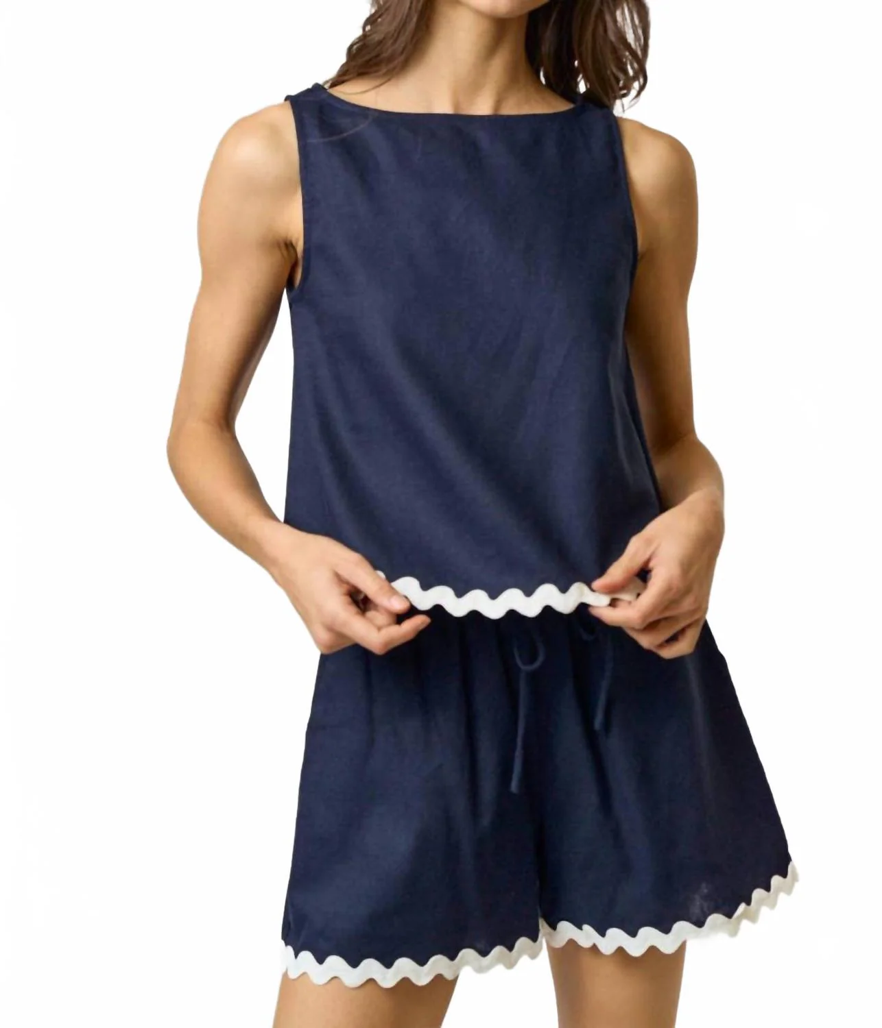 Linen Scallop Edge Sleevess Top And Short Set In Navy