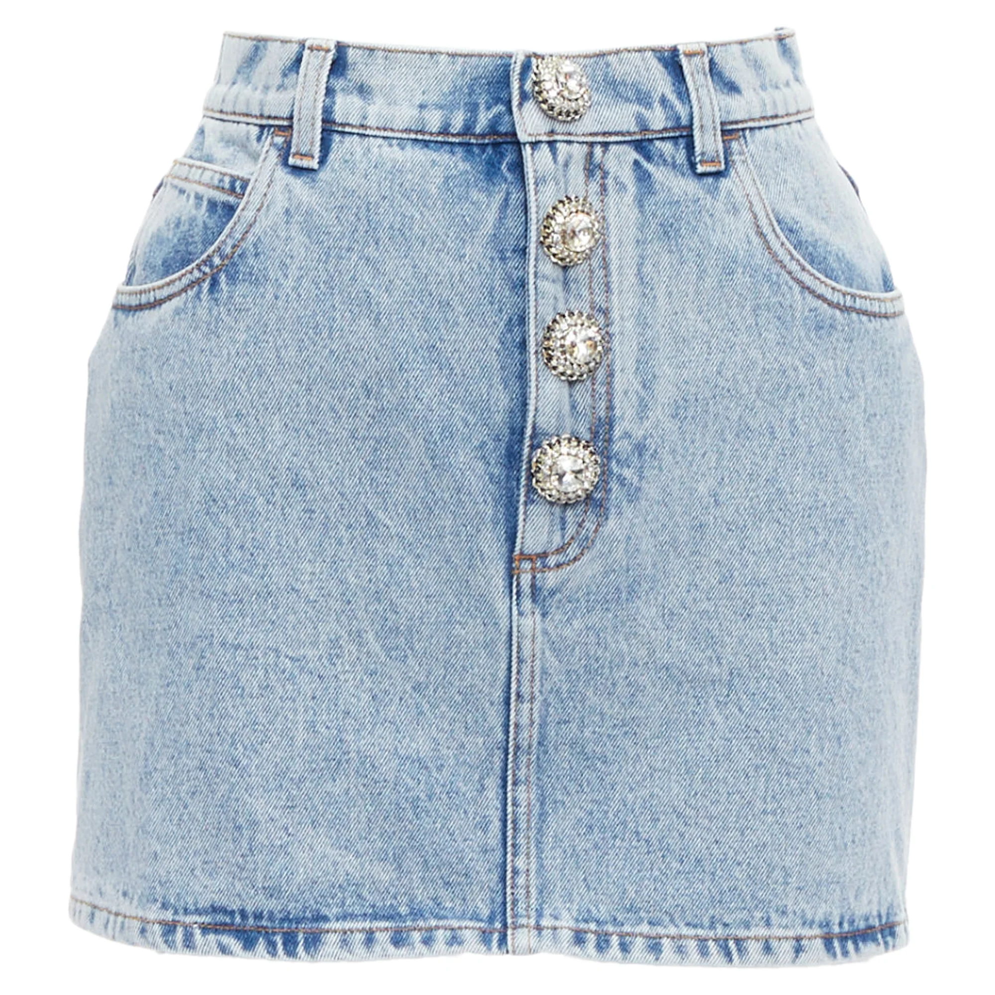 Alessandra Rich Washed Denim Crystal Embellished Mini Skirt