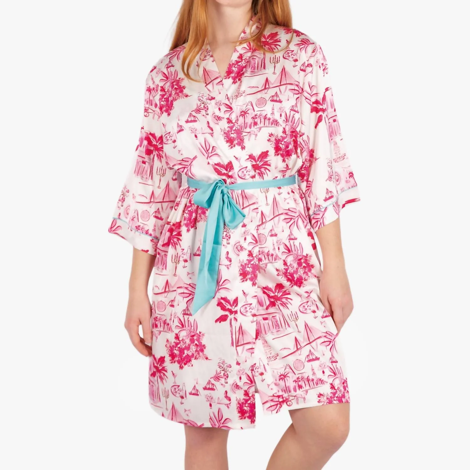 Charleston Toile Satin Robe In White/pink
