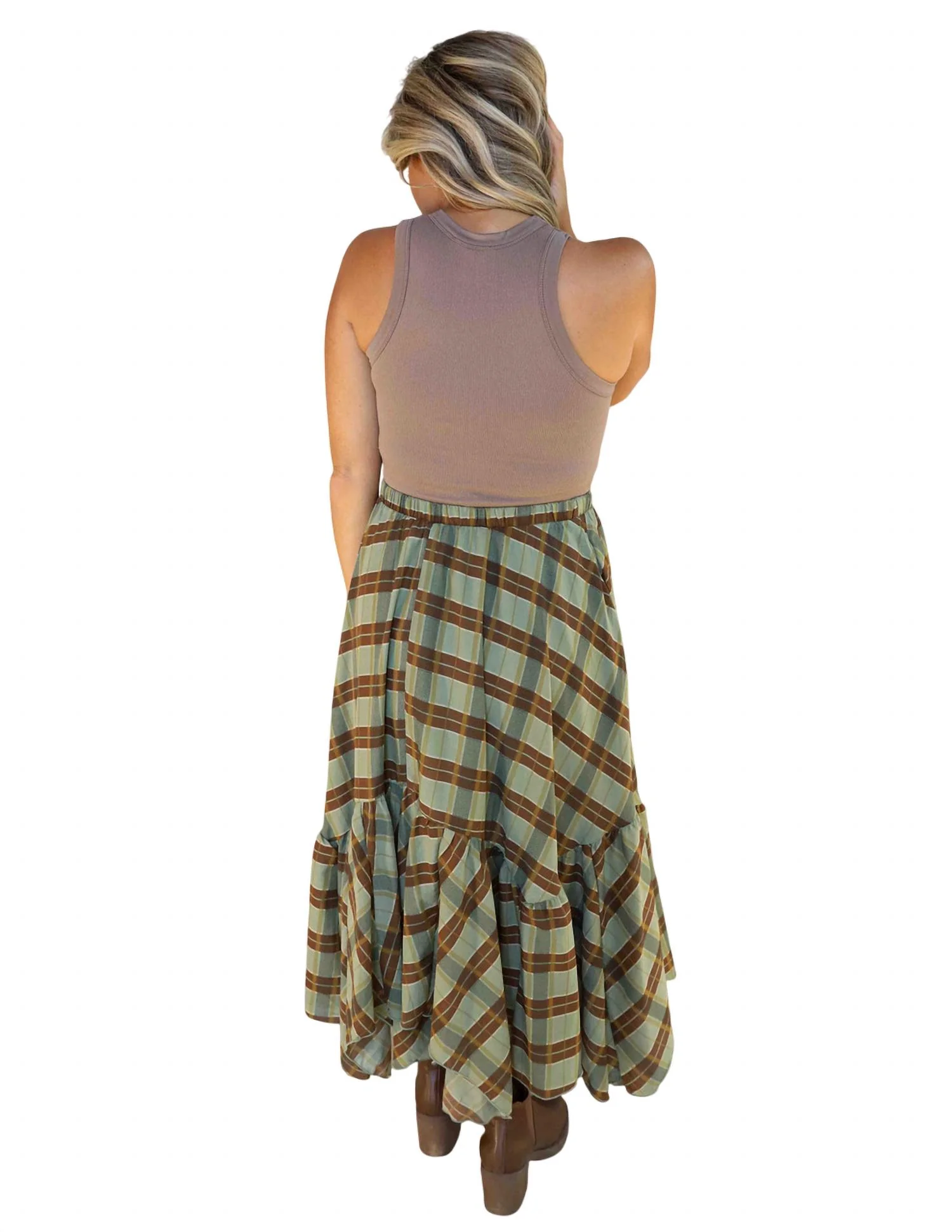 Plaid Midi Skirt In Olive