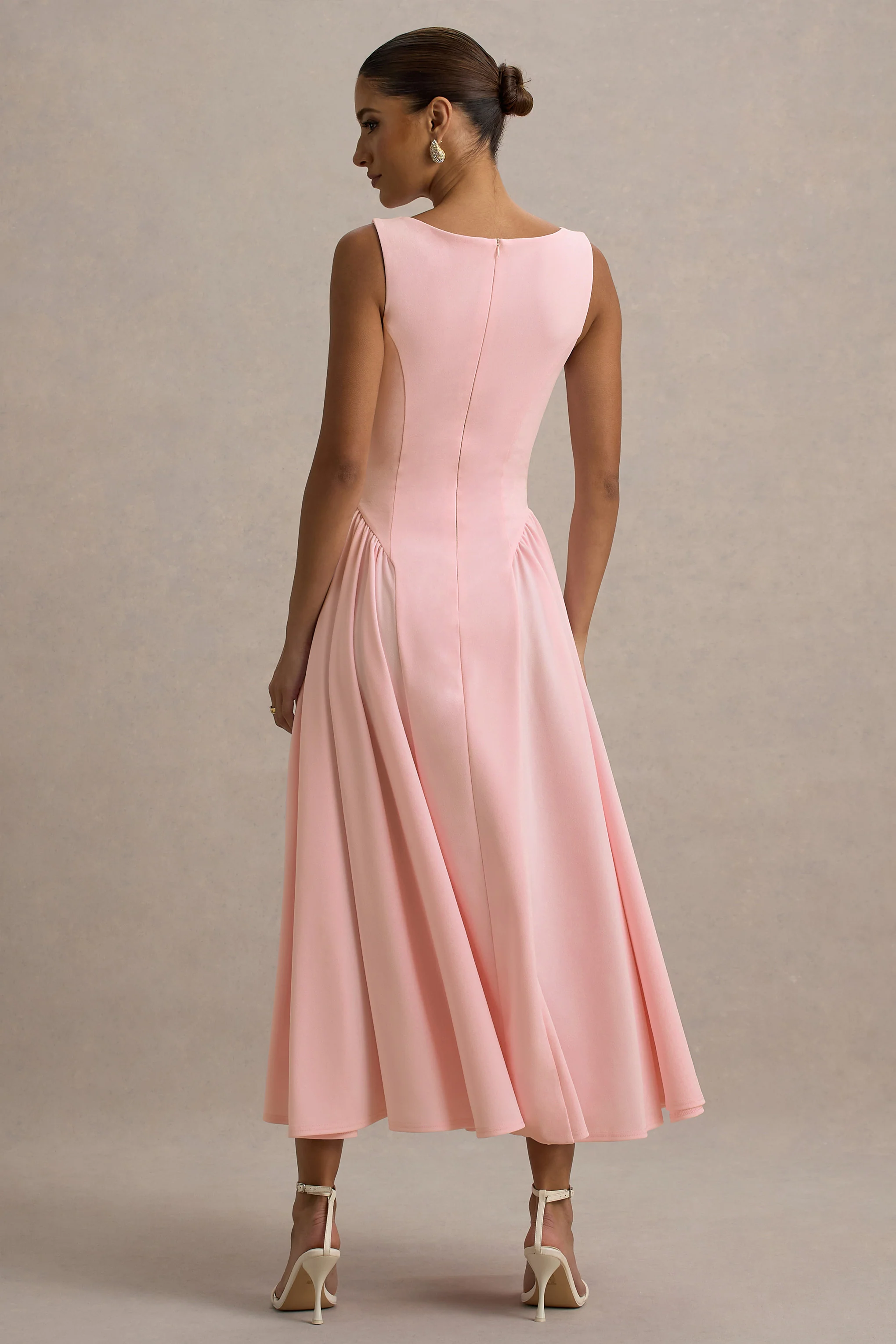 Muriel | Pink Boat-Neck Volume-Hem Midi Dress
