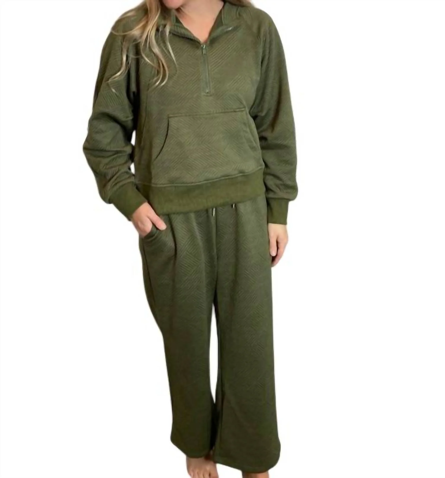Textured Zip Jacket & Pant Set In Olive