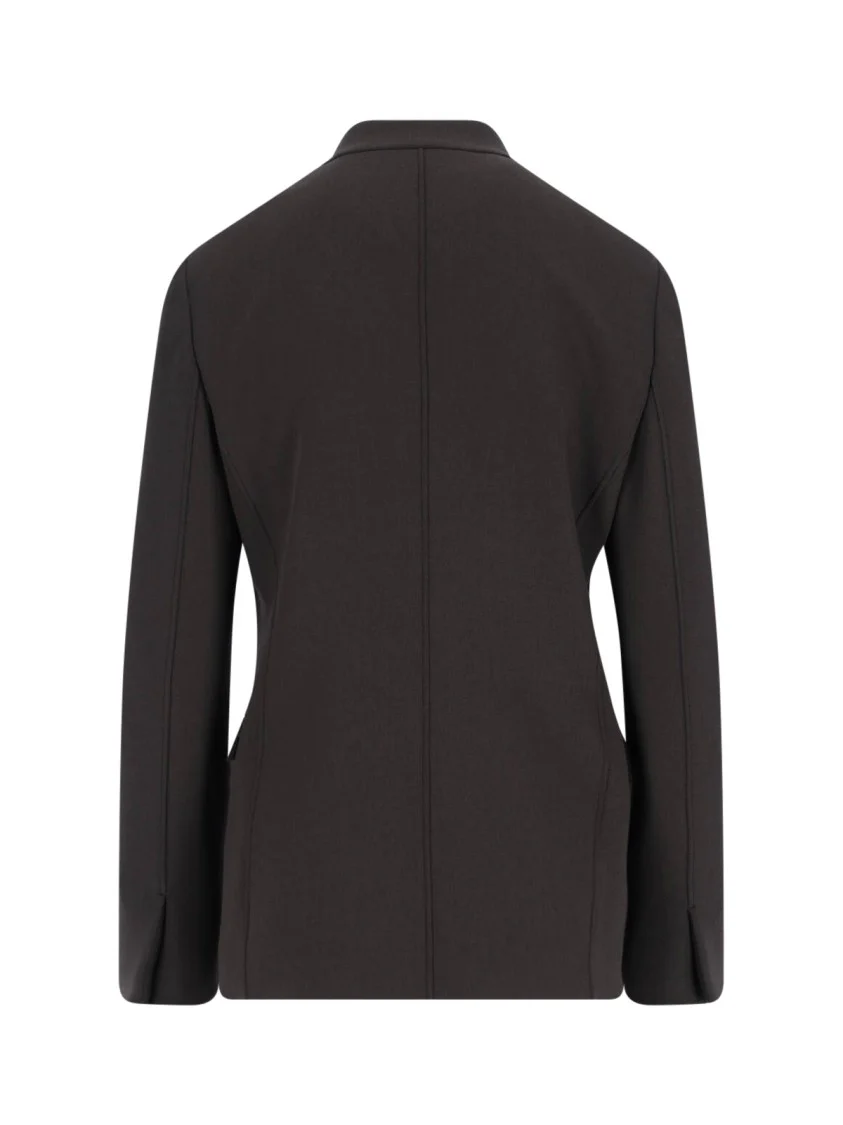 Double-Breasted Virgin Wool Blazer, Brown, Crew Neck