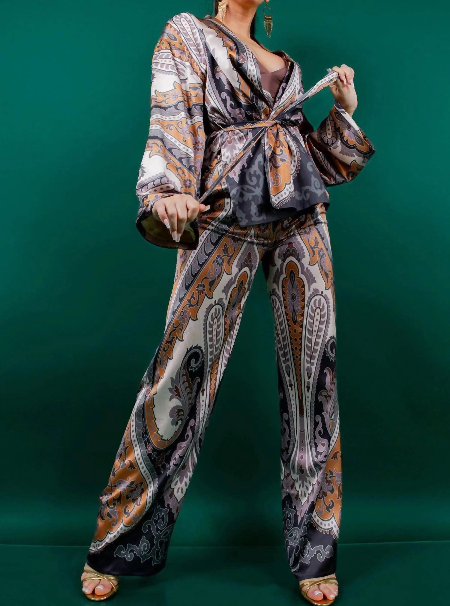 Autumn Kimona Pants Set In Mustard Brown