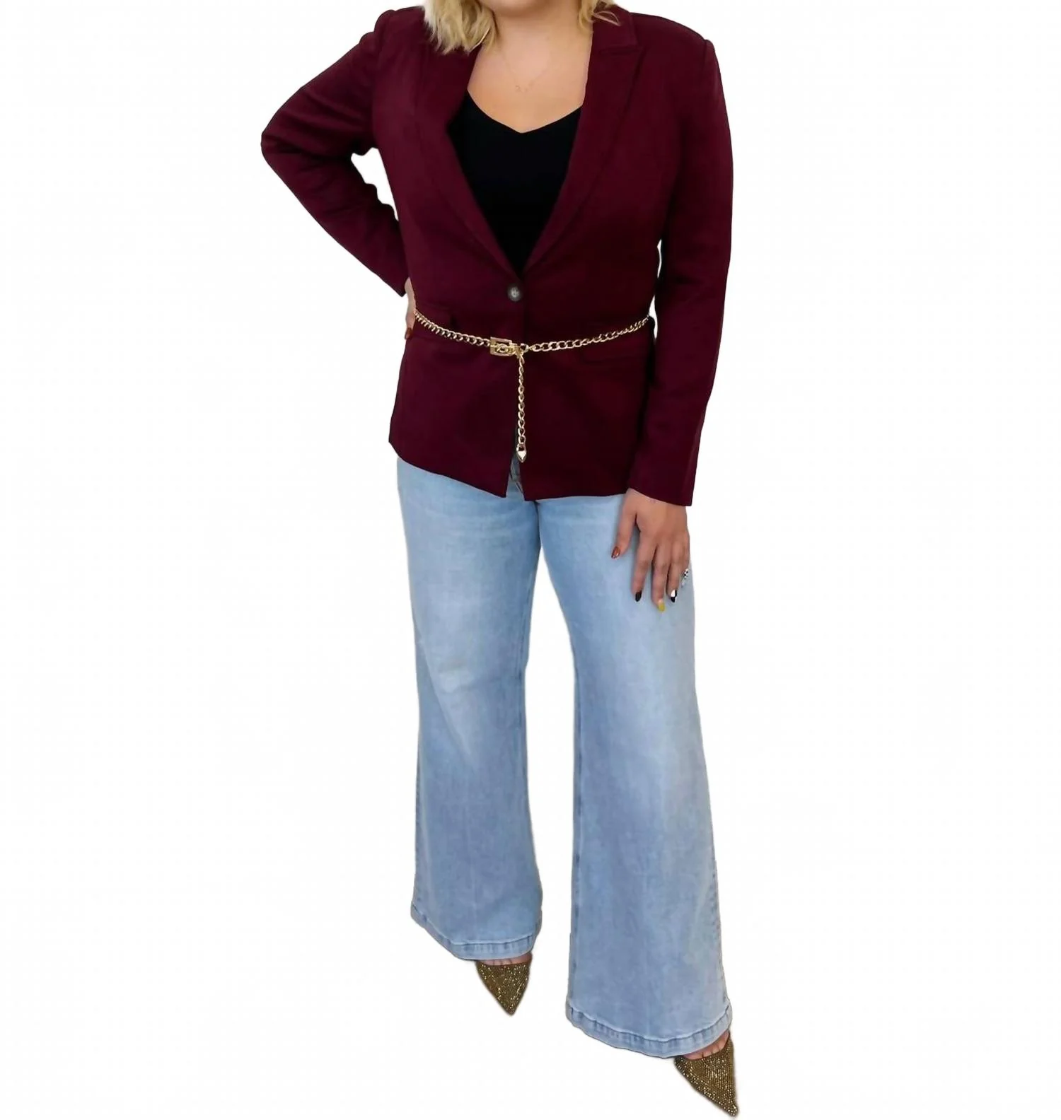 Raven Belted Blazer In Burgundy