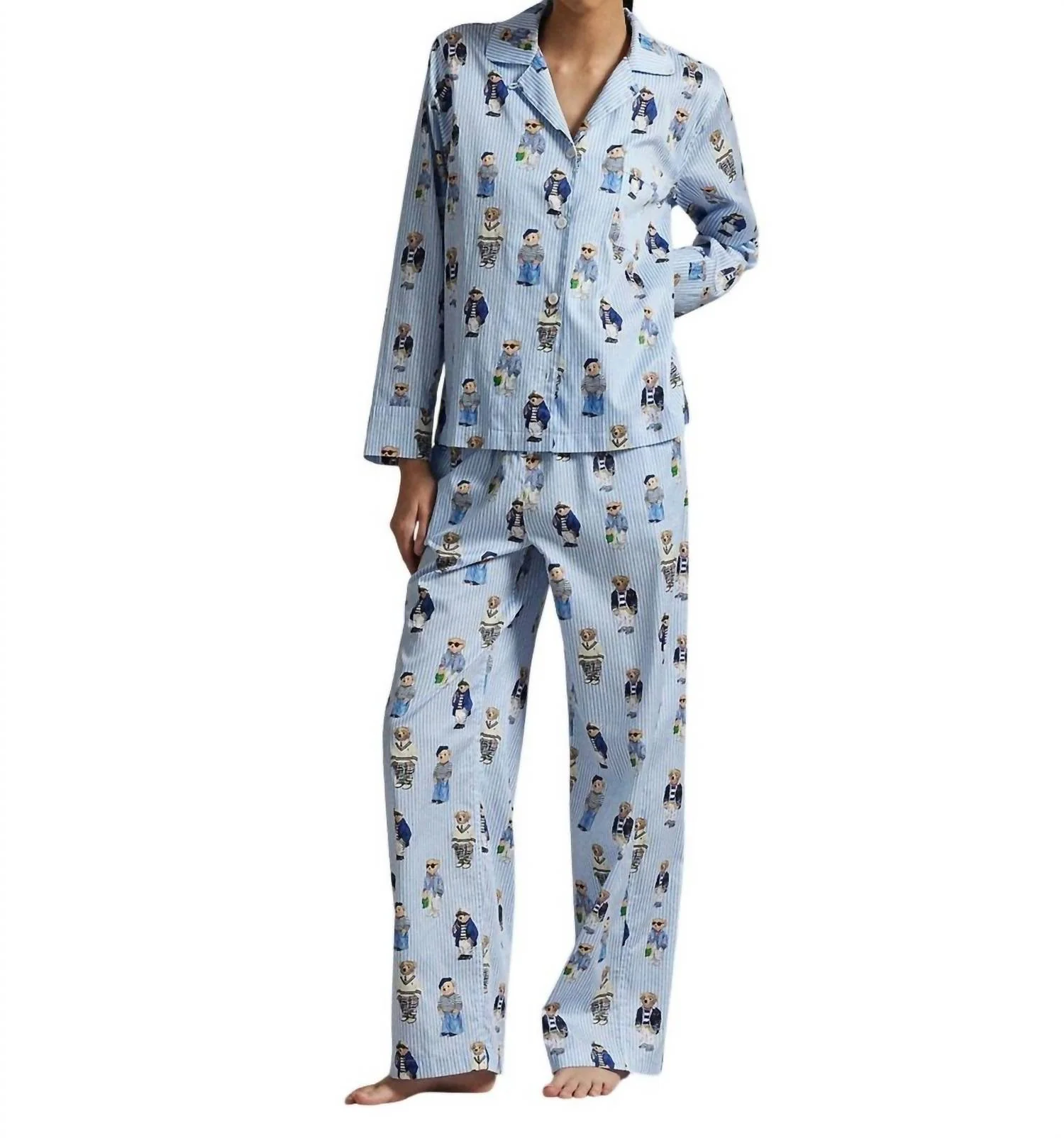 Bear Cotton Long-Sleeve Pajama Set In Oxford Blue