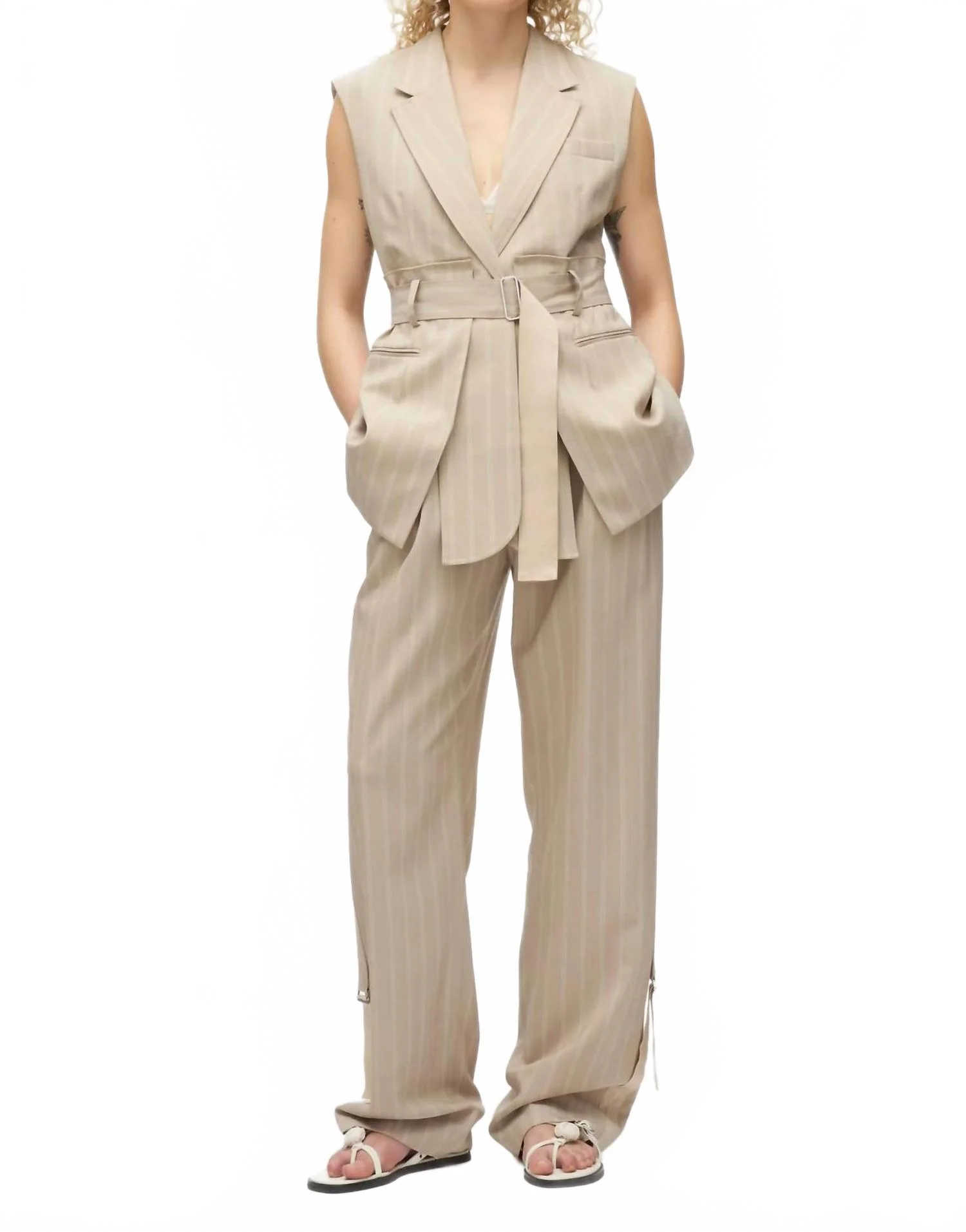 Fluid Pinstripe Belted Blazer In Fawn