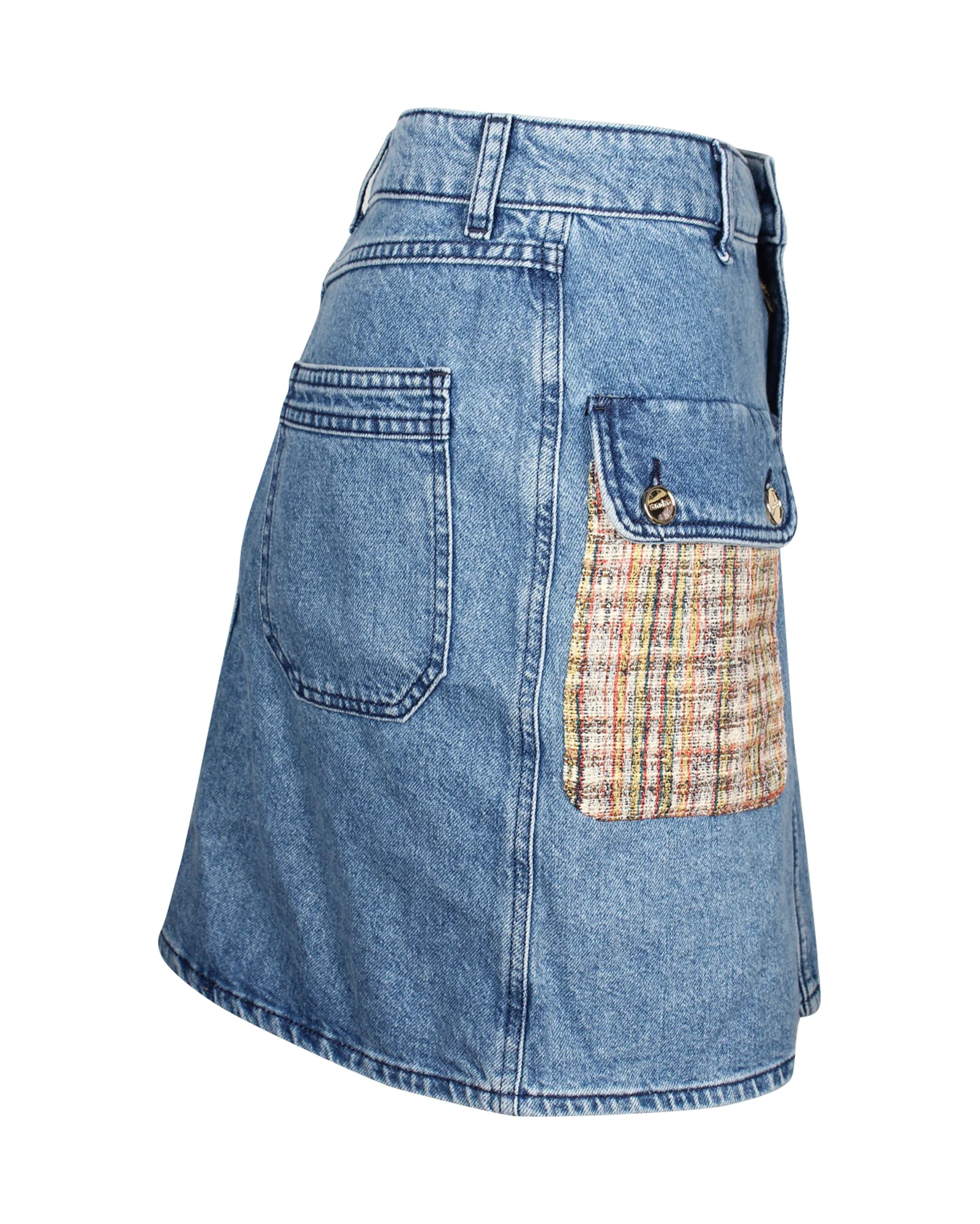 Sandro Paris Fiorina Tweed-Paneled Denim Skirt in Blue Cotton