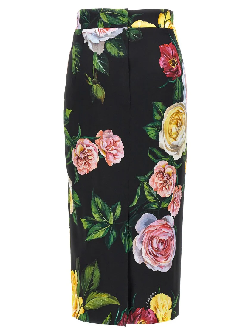 Floral Print Charmeuse Silk Longuette Skirt
