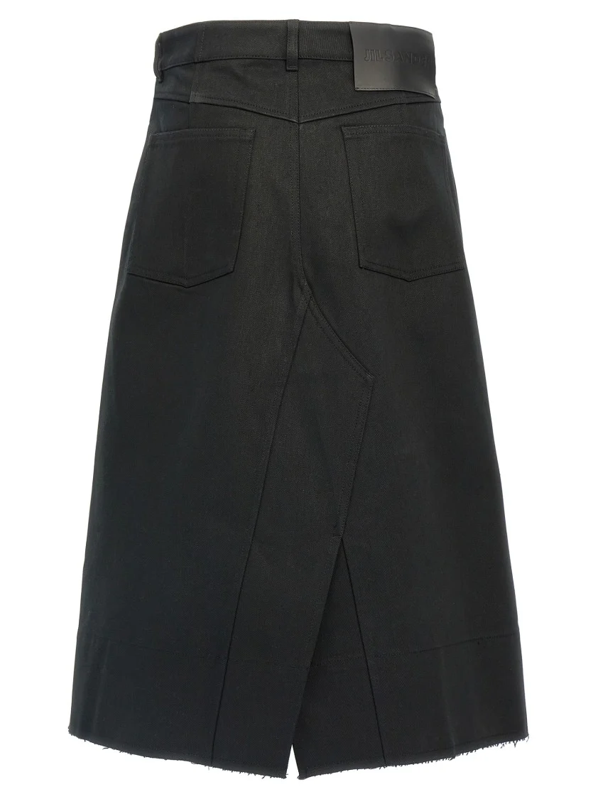 Flared Black Cotton Canvas Midi Skirt