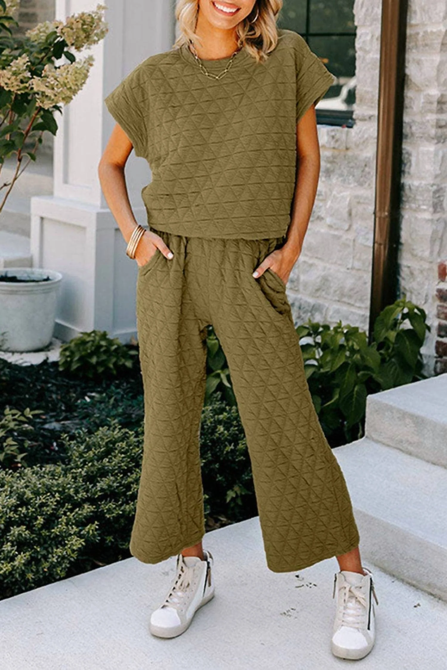 Emory Quilted Wide Leg Pants Set In Sage Green