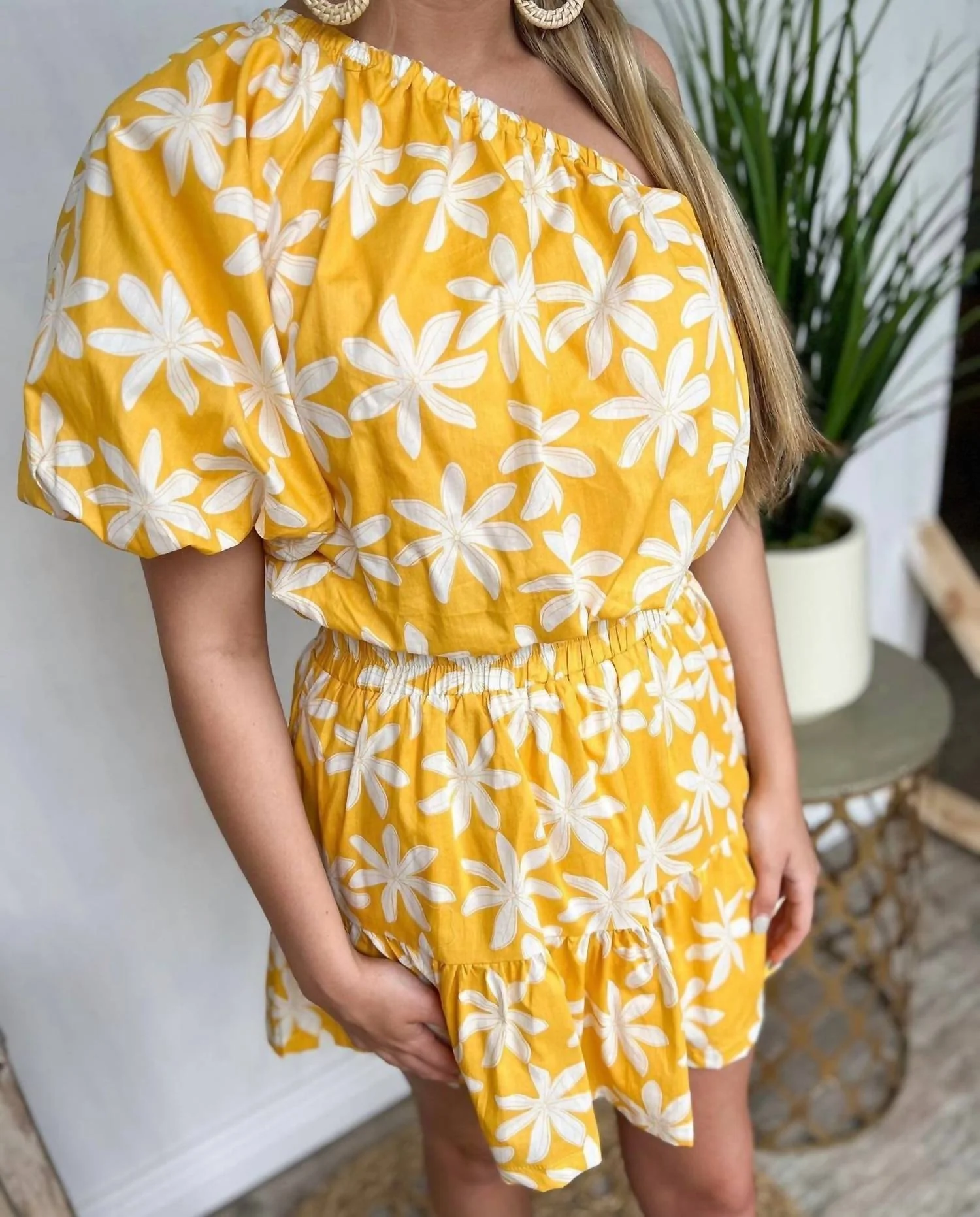 Floral One Shoulder Top And Skirt Set In Yellow Plumeria